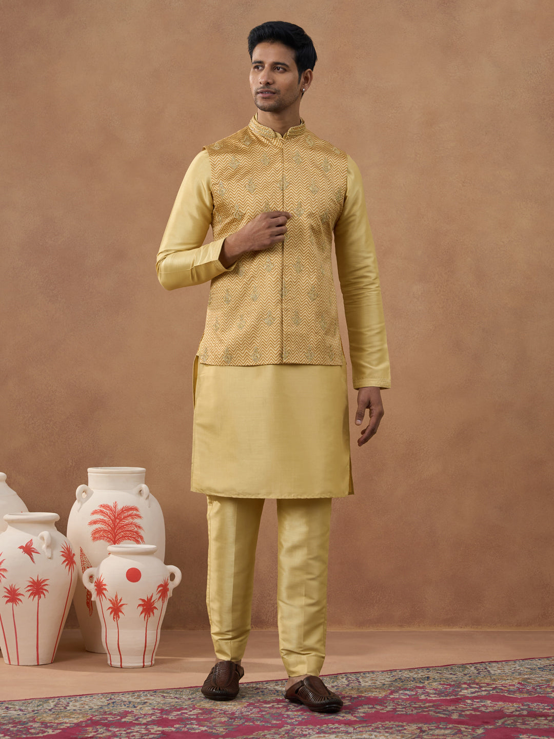 Gold Herringbone Printed Bundi Kurta Set