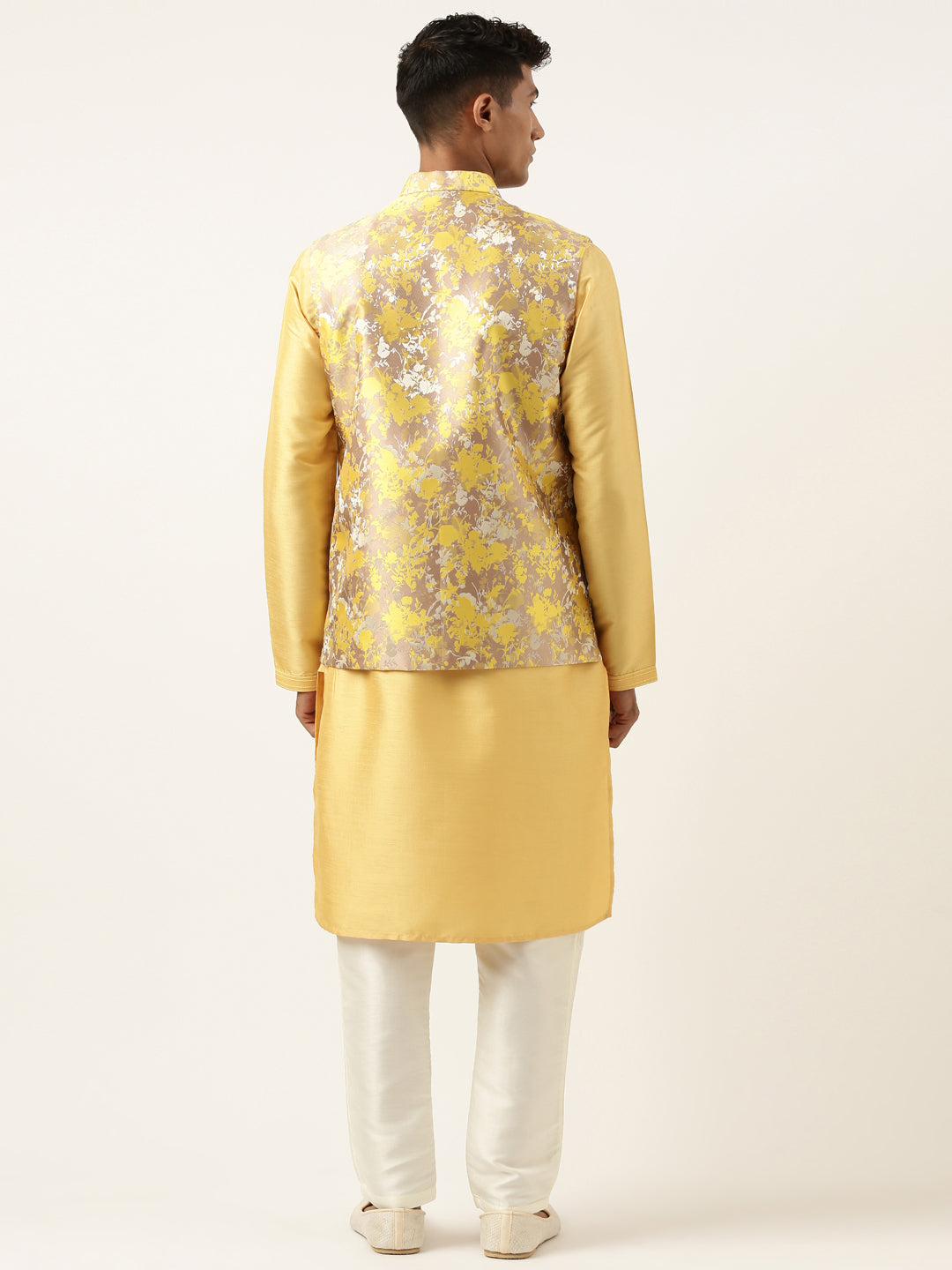 Yellow Floral Jacquard Angrakha Jacket With Beige Kurta
