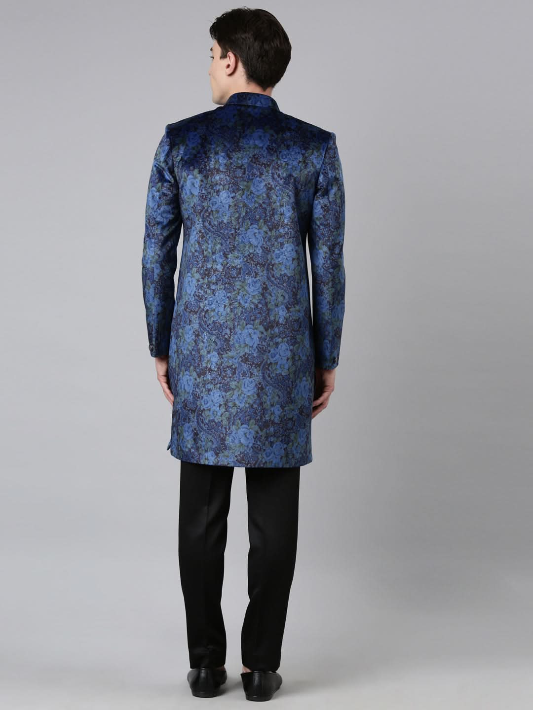 Blue Printed Velvet Angrakha Indowestern