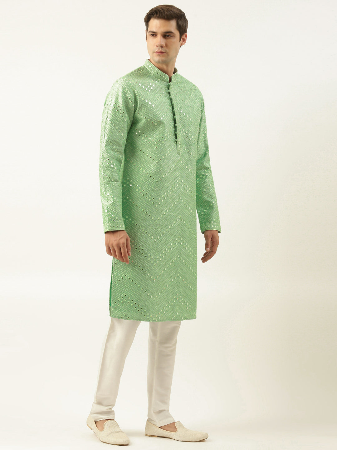 Light Green Silk Mirror Embroidered Kurta Set