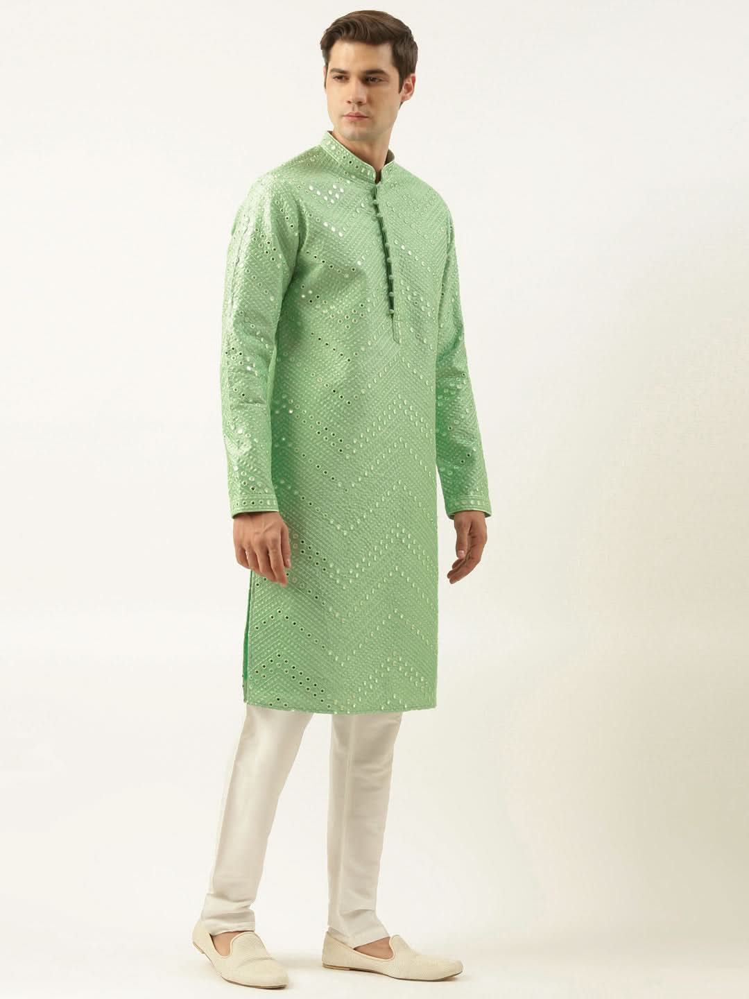 Light Green Silk Mirror Embroidered Kurta Set