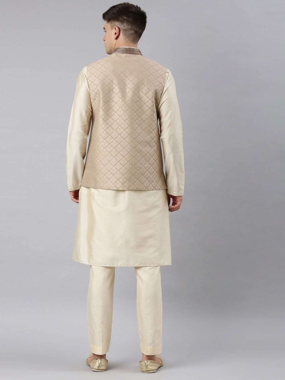 Beige Gold Jacquard Jacket W Ivory Kurta