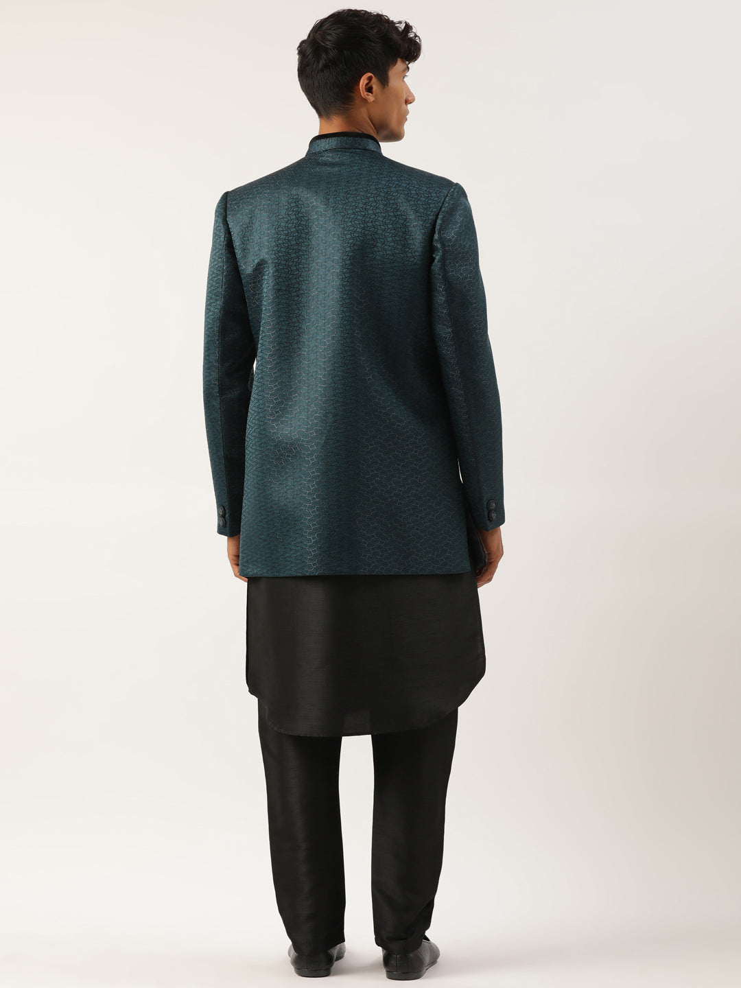 Teal Black Jacquard open Indowestern Set