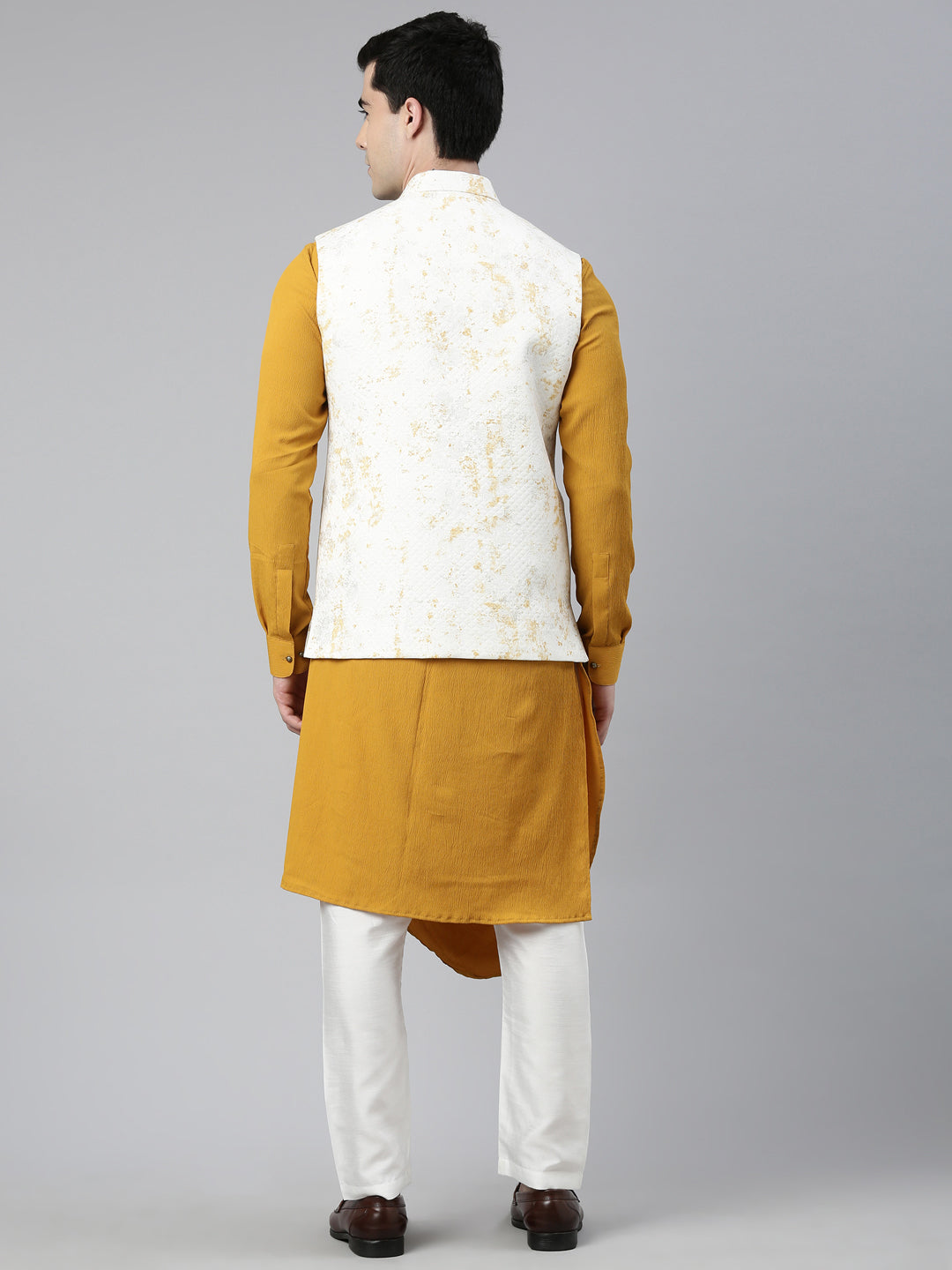 Cream Mustard Printed Jacket With Mustard Draped Kurta