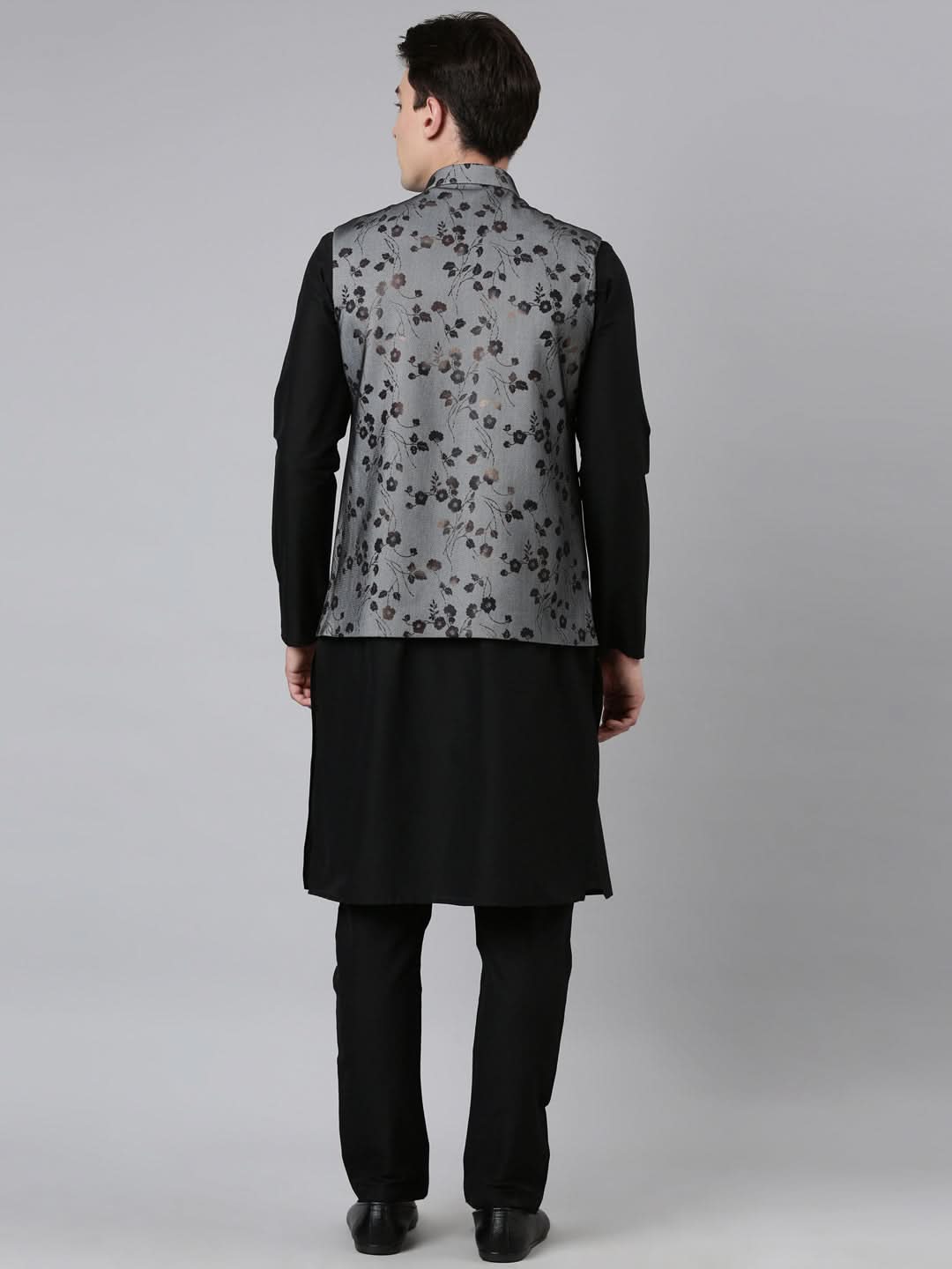 Black Net Printed Jacket With Black Kurta