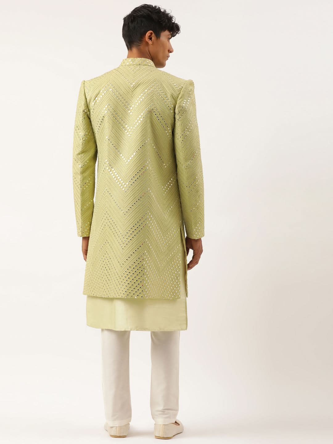 Pistachio Mirror Embroidered Indowestern With Kutra