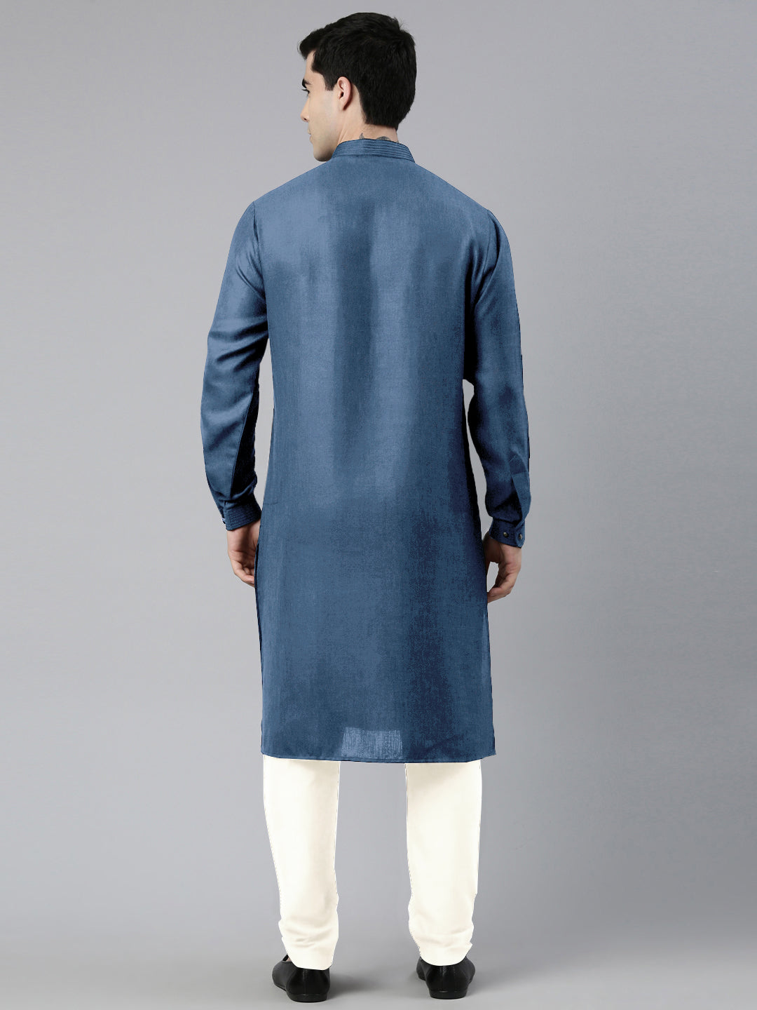 Denim Blue Cotton Pathani Kurta Set with Patch pocket