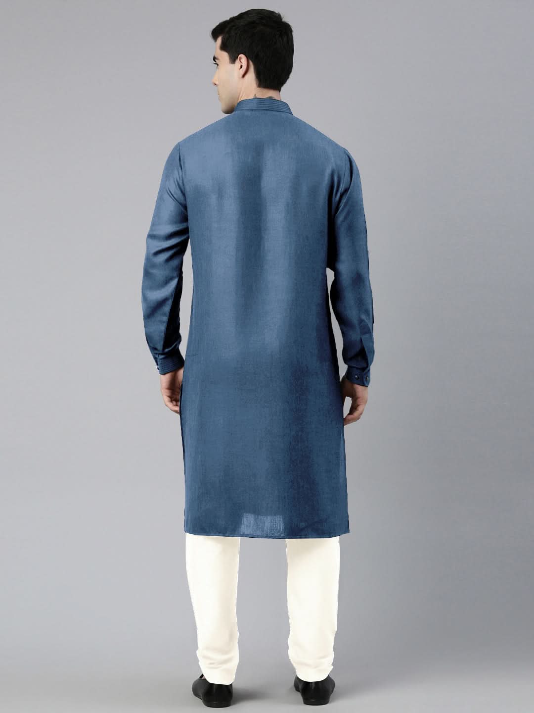 Denim Blue Cotton Pathani Kurta Set with Patch pocket