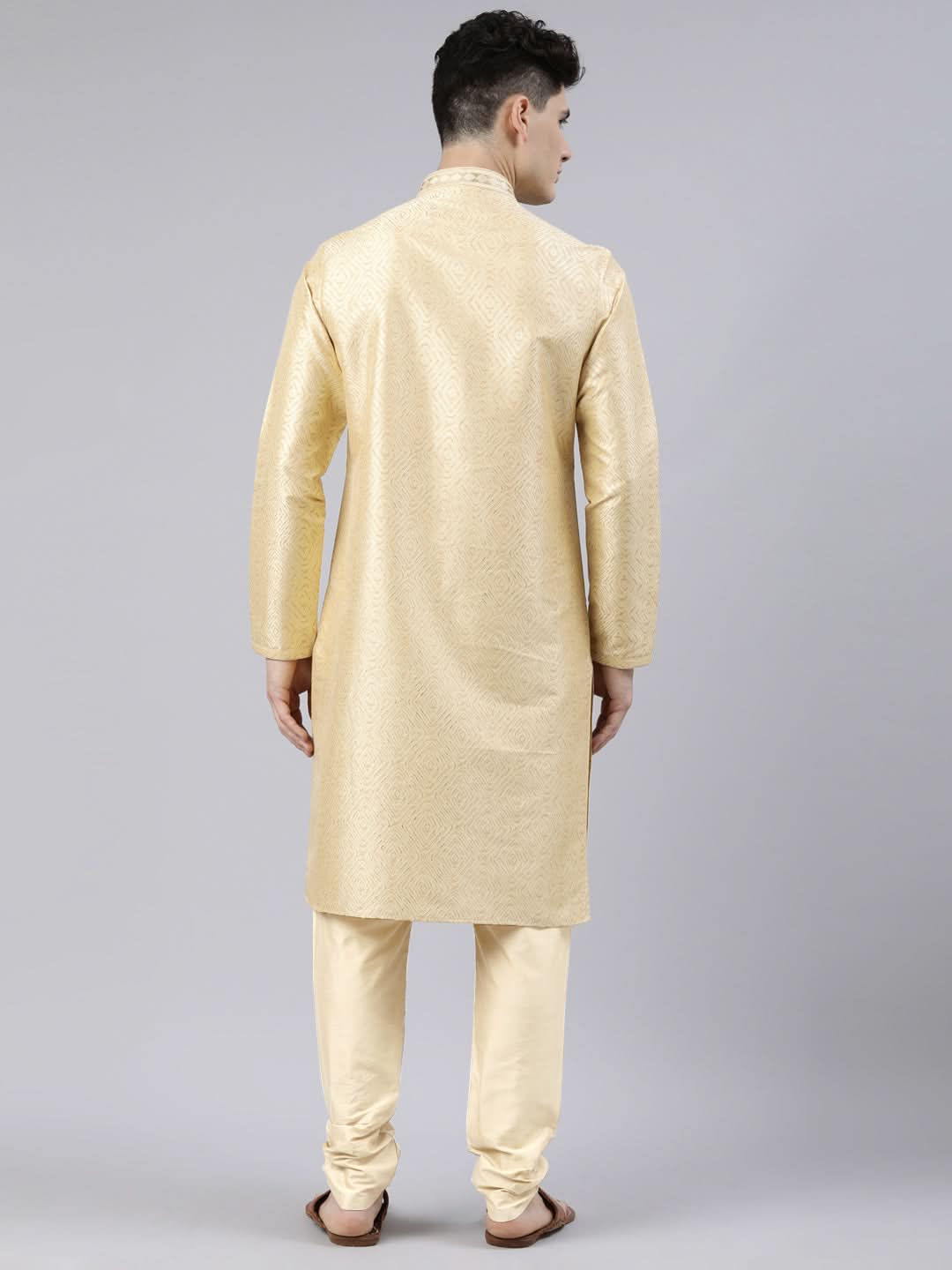 Beige Art Silk Kurta Set with Shining Golden Khadi Print
