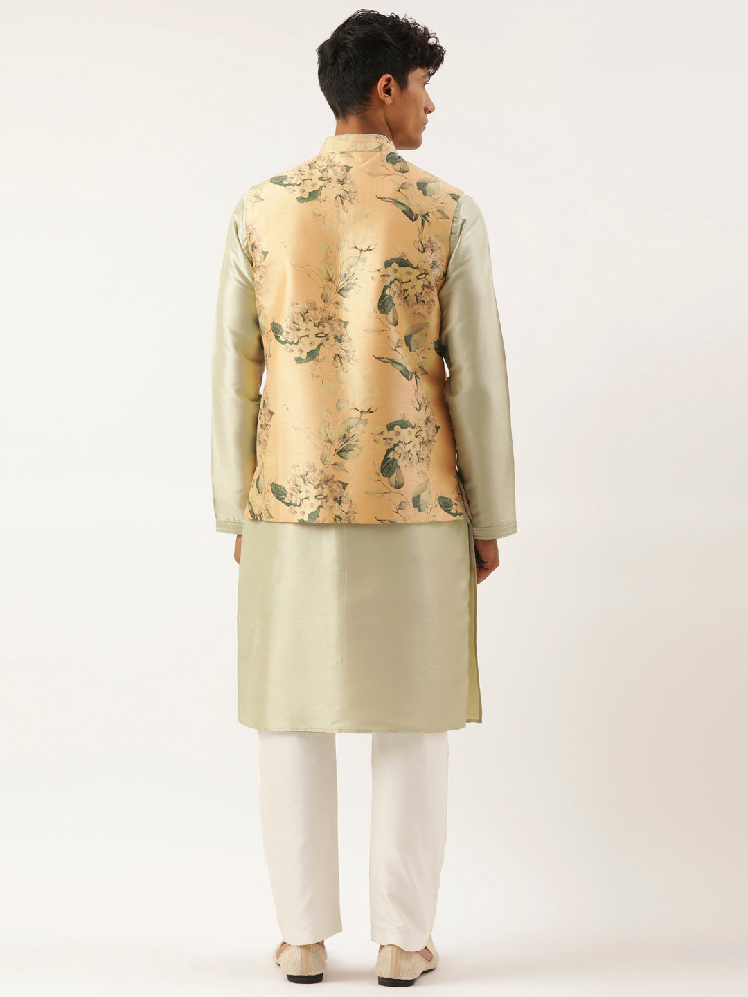 Beige Printed Cotton Jacket Kurta Set