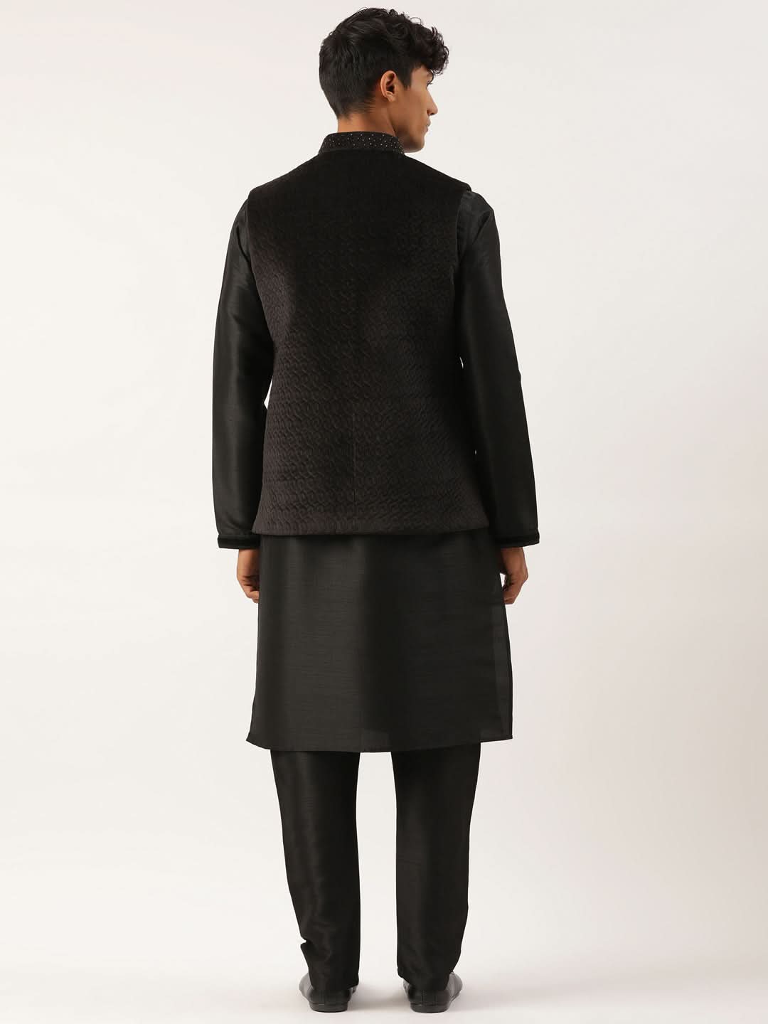 Black Velvet Quilted Jacket Kurta Set