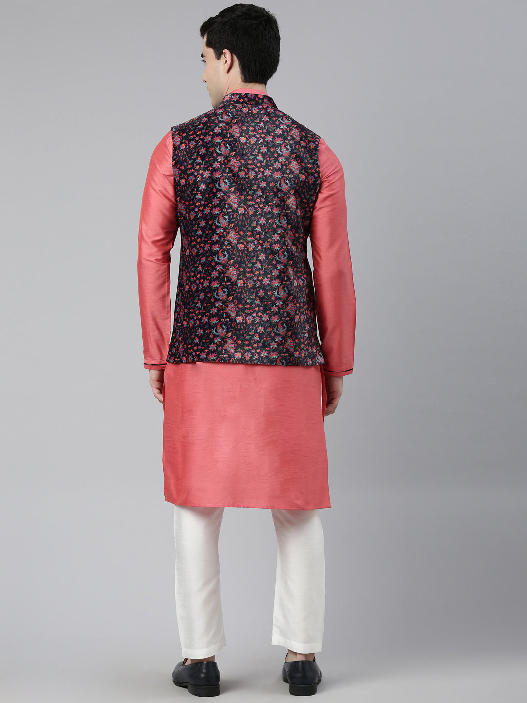 Midnight Blue Velvet Pashmina Printed Jacket With Pink Kurta