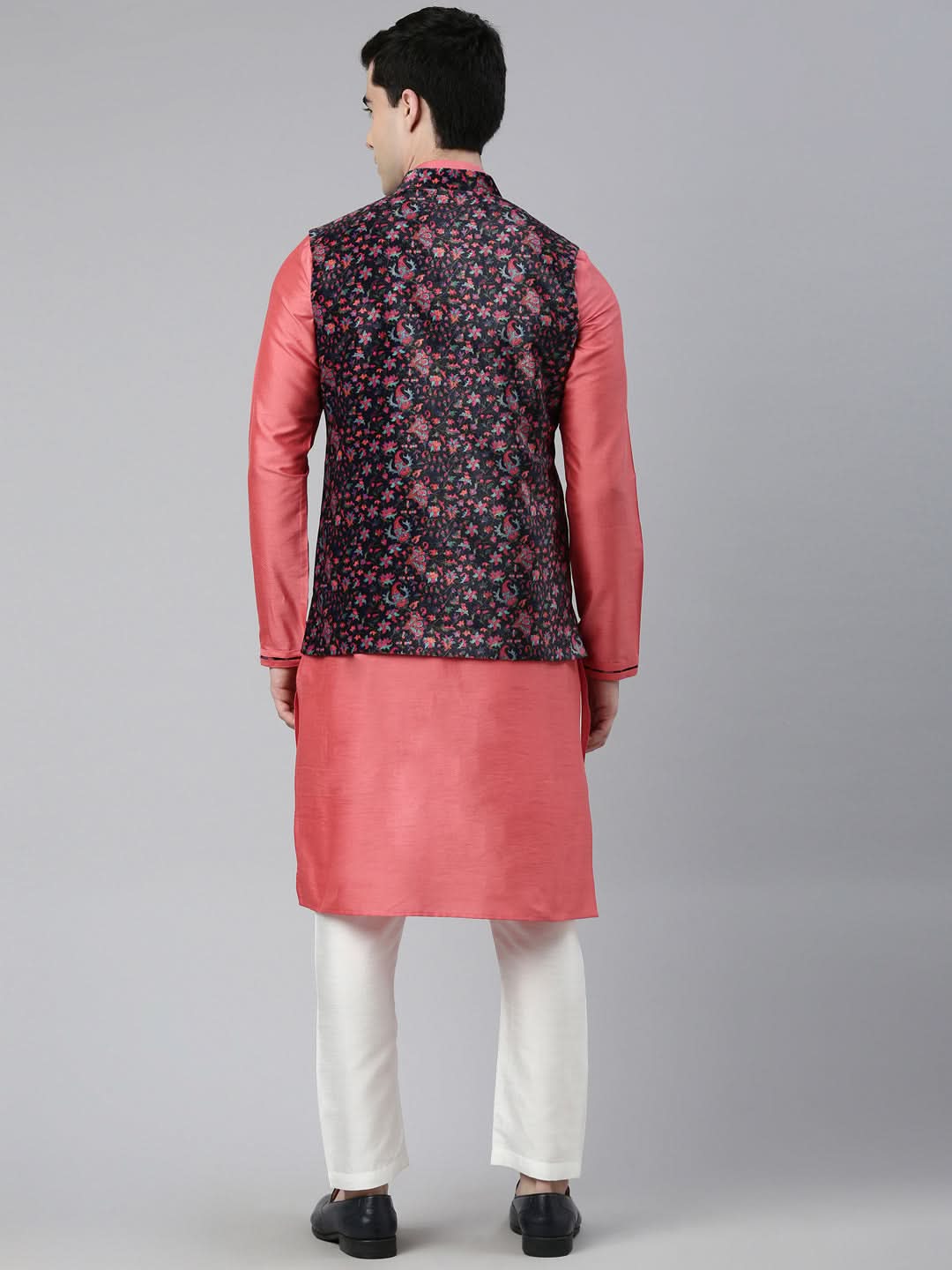 Midnight Blue Velvet Pashmina Printed Jacket With Pink Kurta