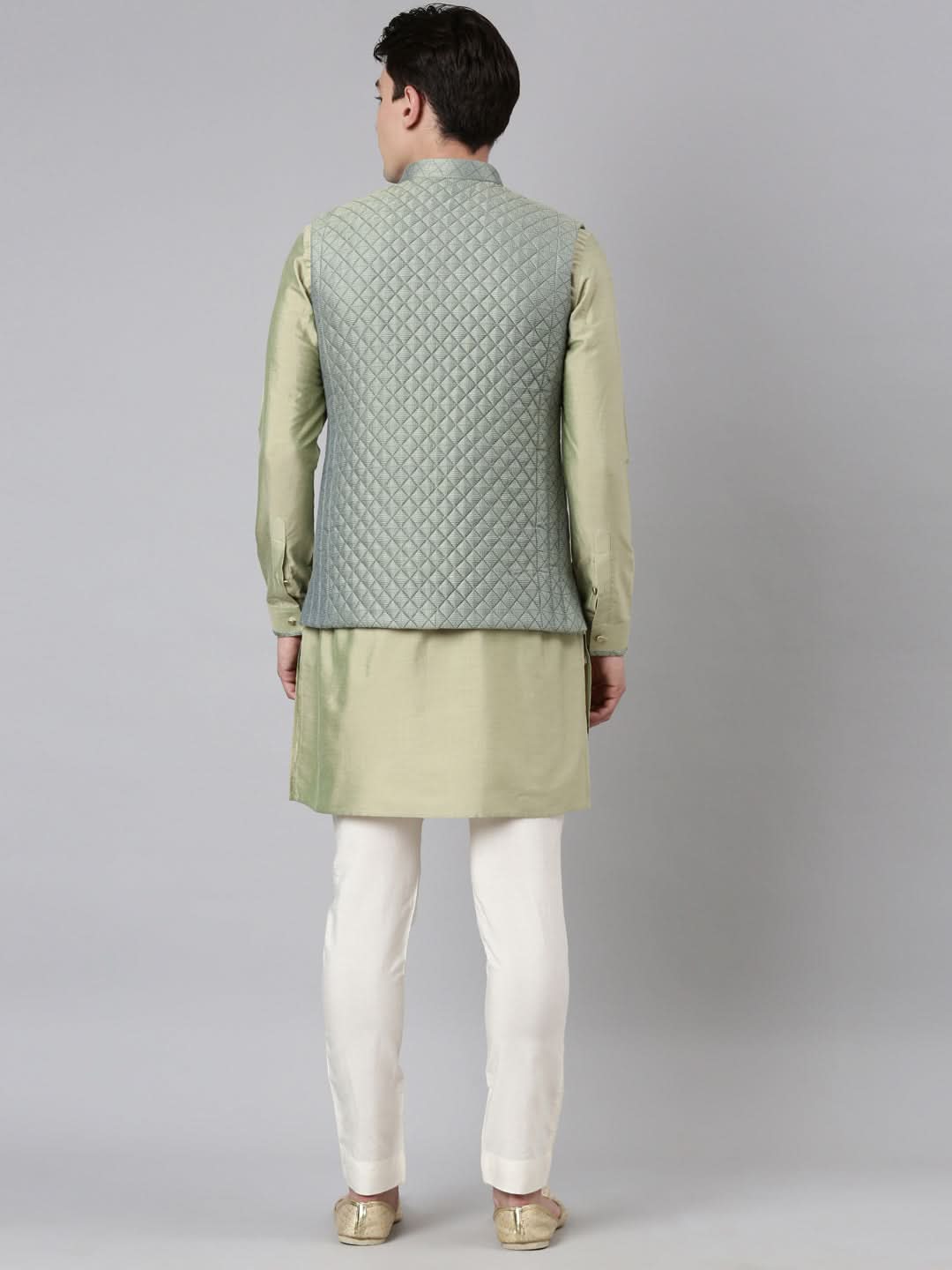 Lime Green Blue Jacquard Quilted Jacket With Green Short Kurta