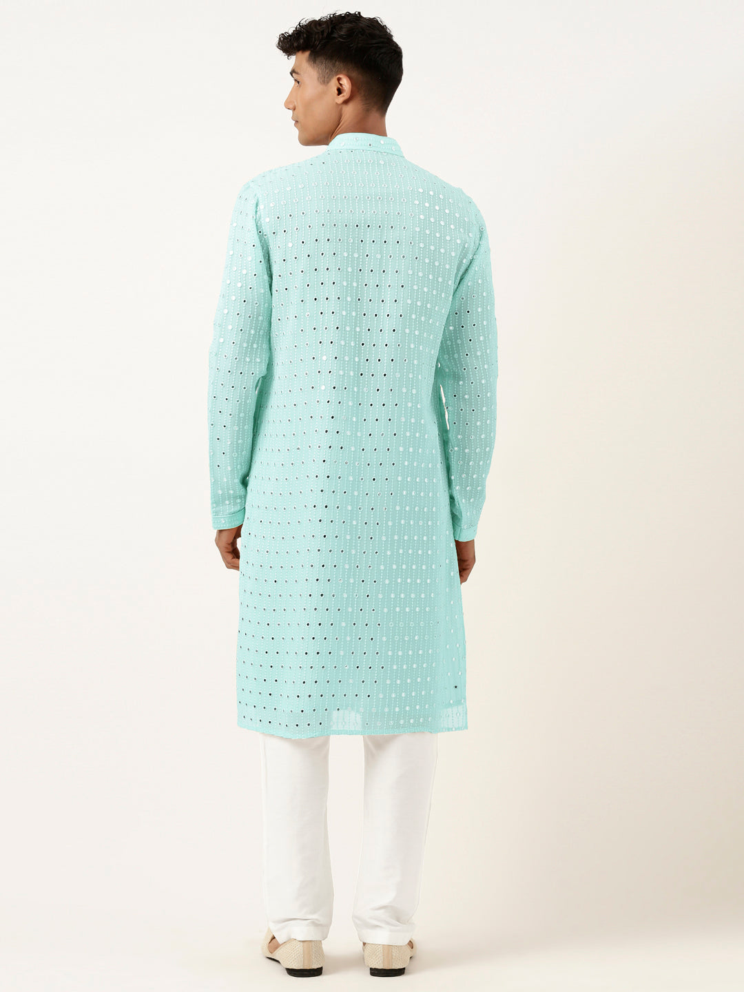 Aqua Blue Mirror Embroidered Gerogette Kurta Set