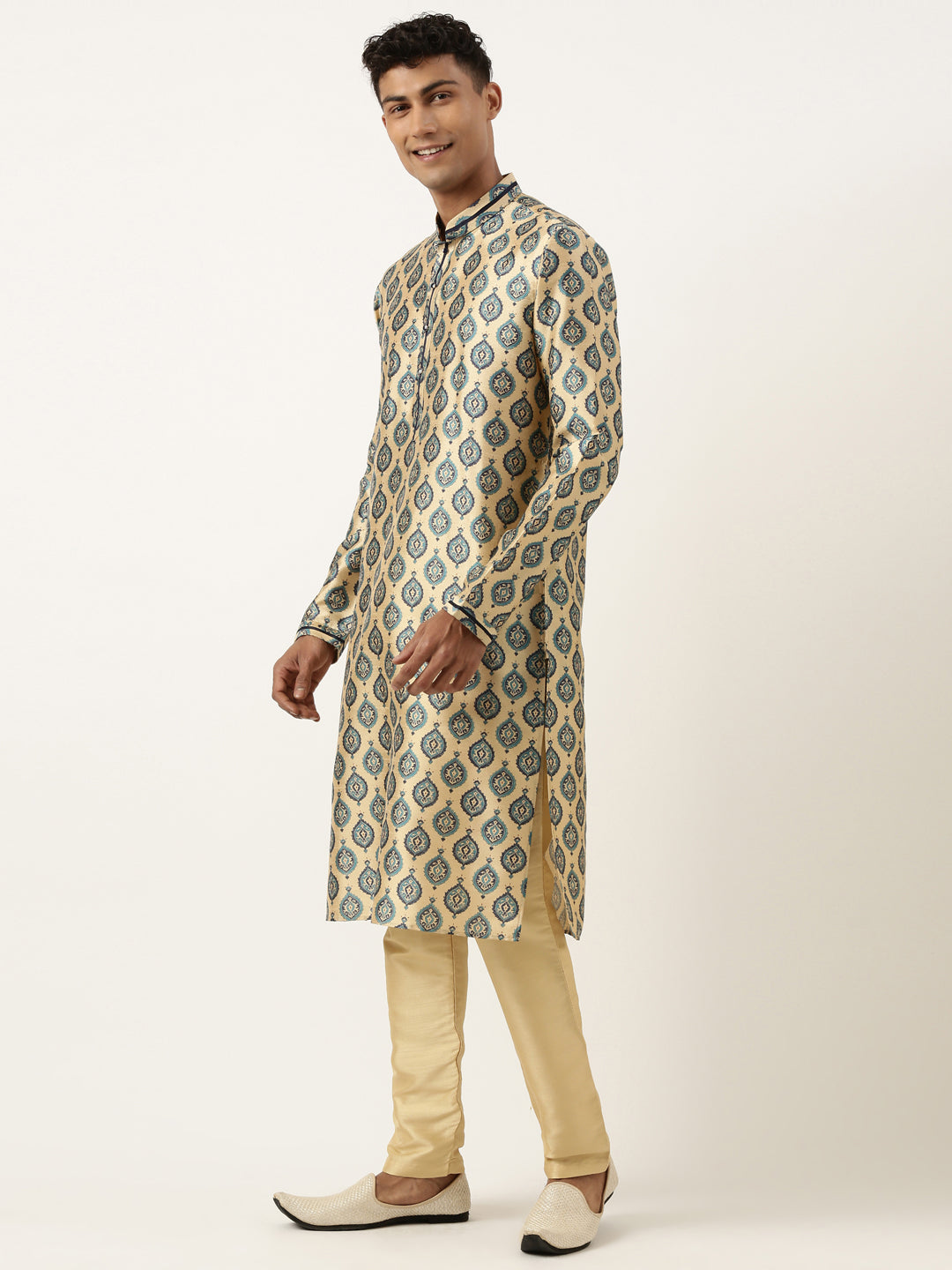 Printed Gold Cotton Kurta Set