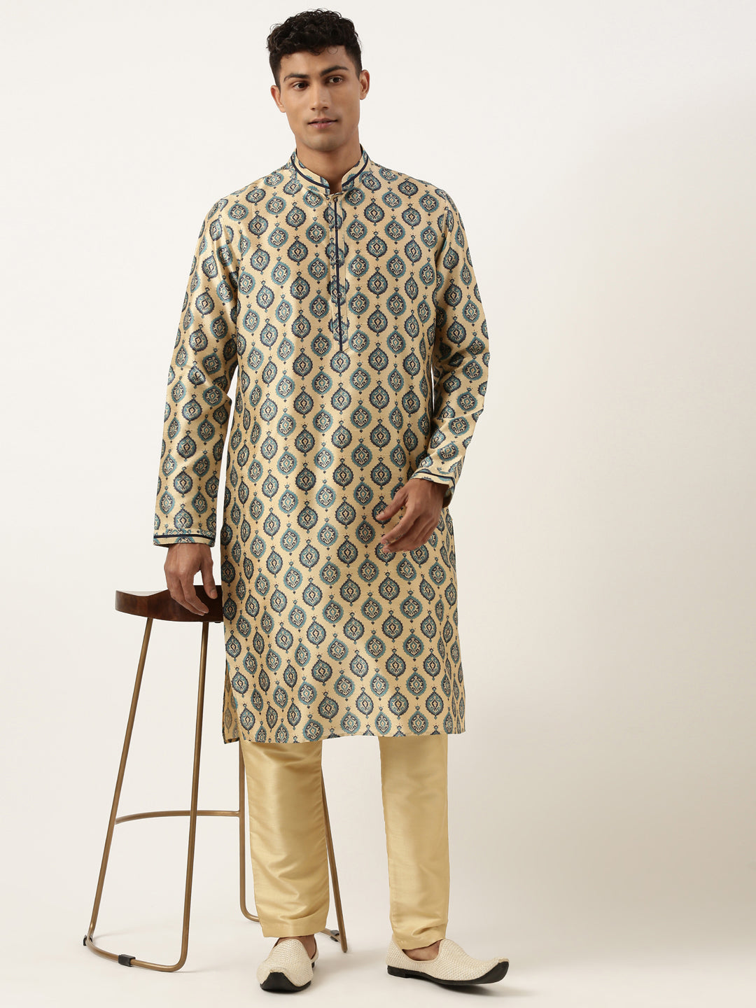 Printed Gold Cotton Kurta Set