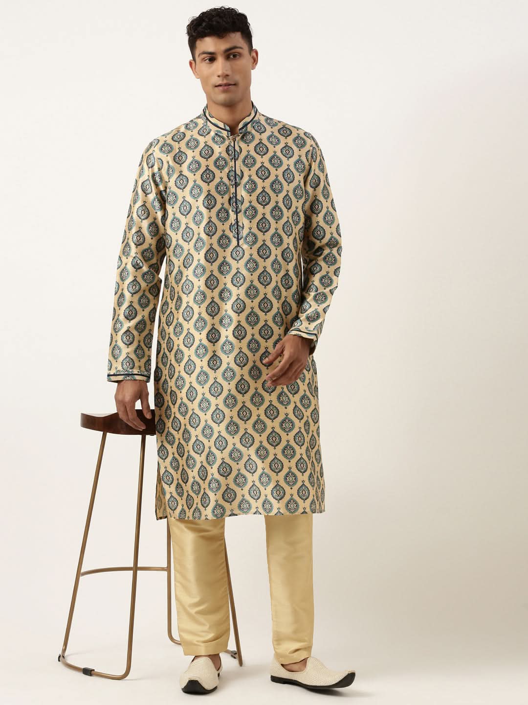 Printed Gold Cotton Kurta Set