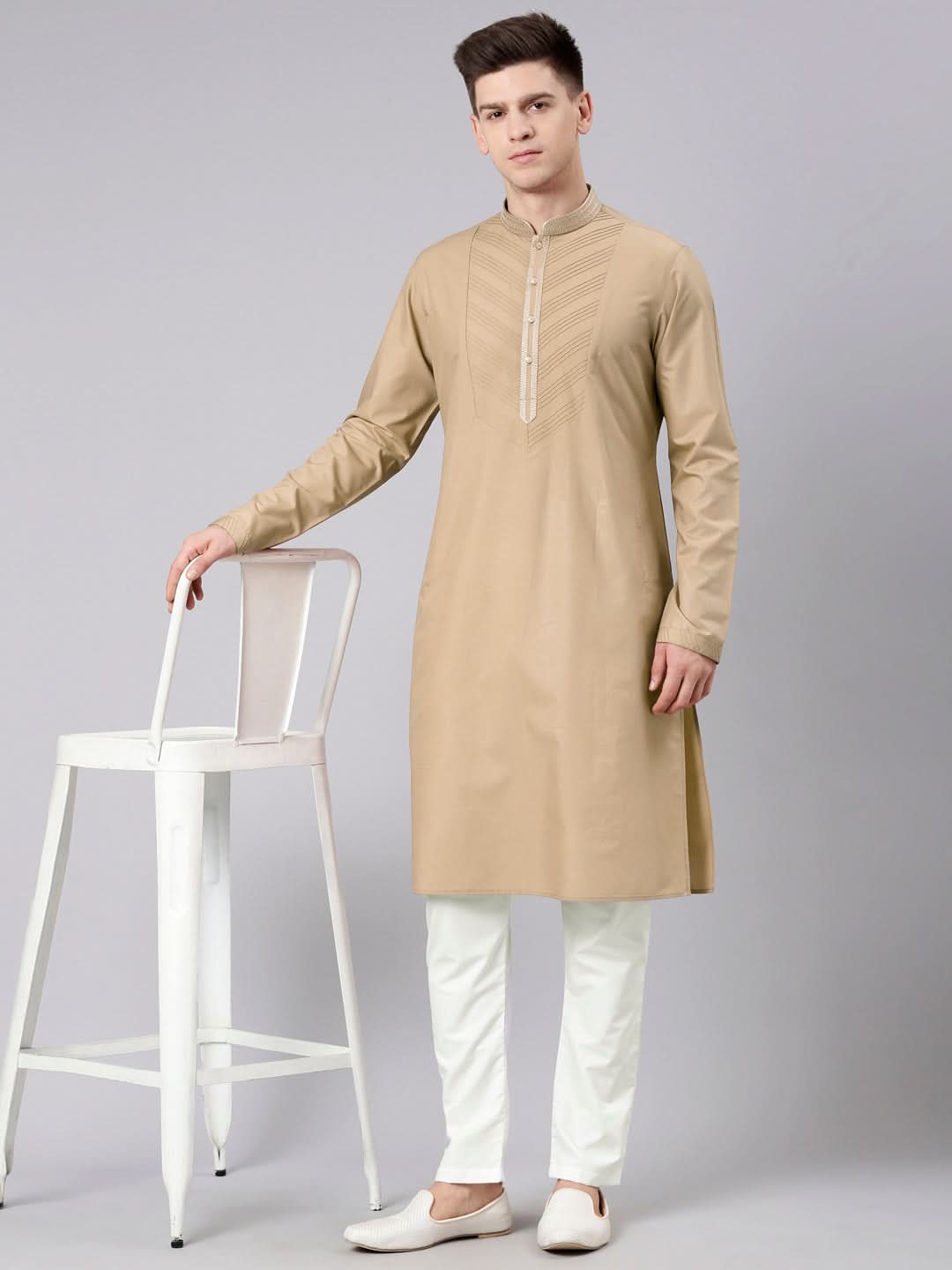 Beige Pleated Cotton Kurta Set