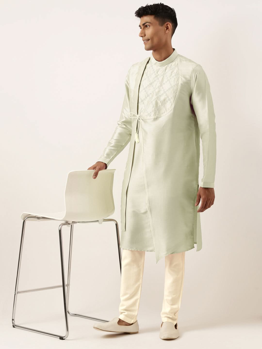 Pistachio Green Embroidery Angrakha Kurta Set