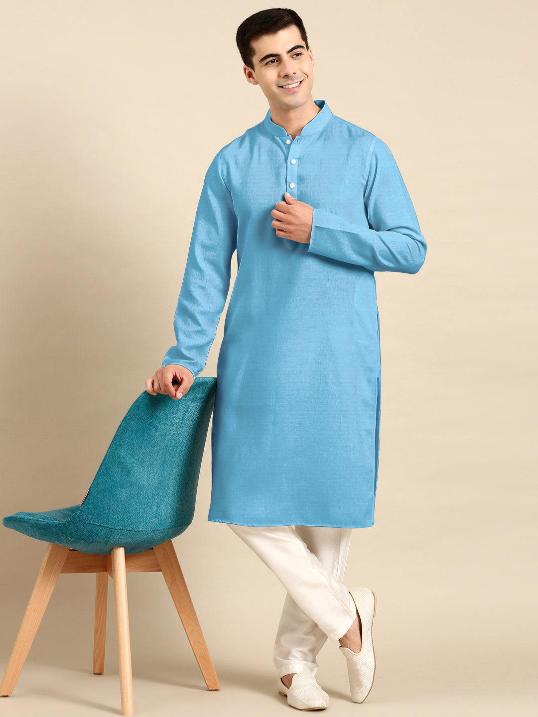 Blue Light Twill Weave Cotton Kurta  Set