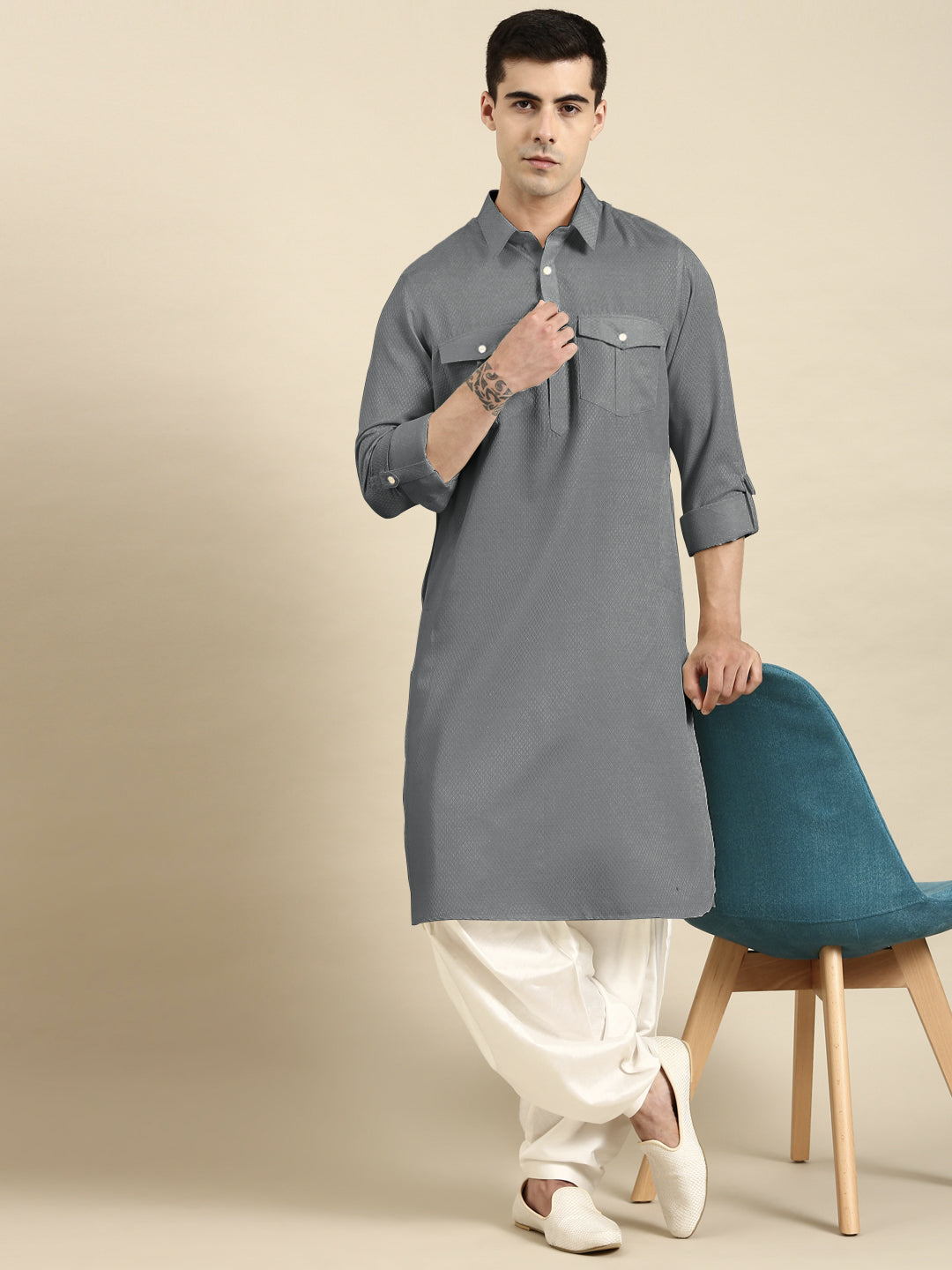 Grey Cotton Pathani with Salwar