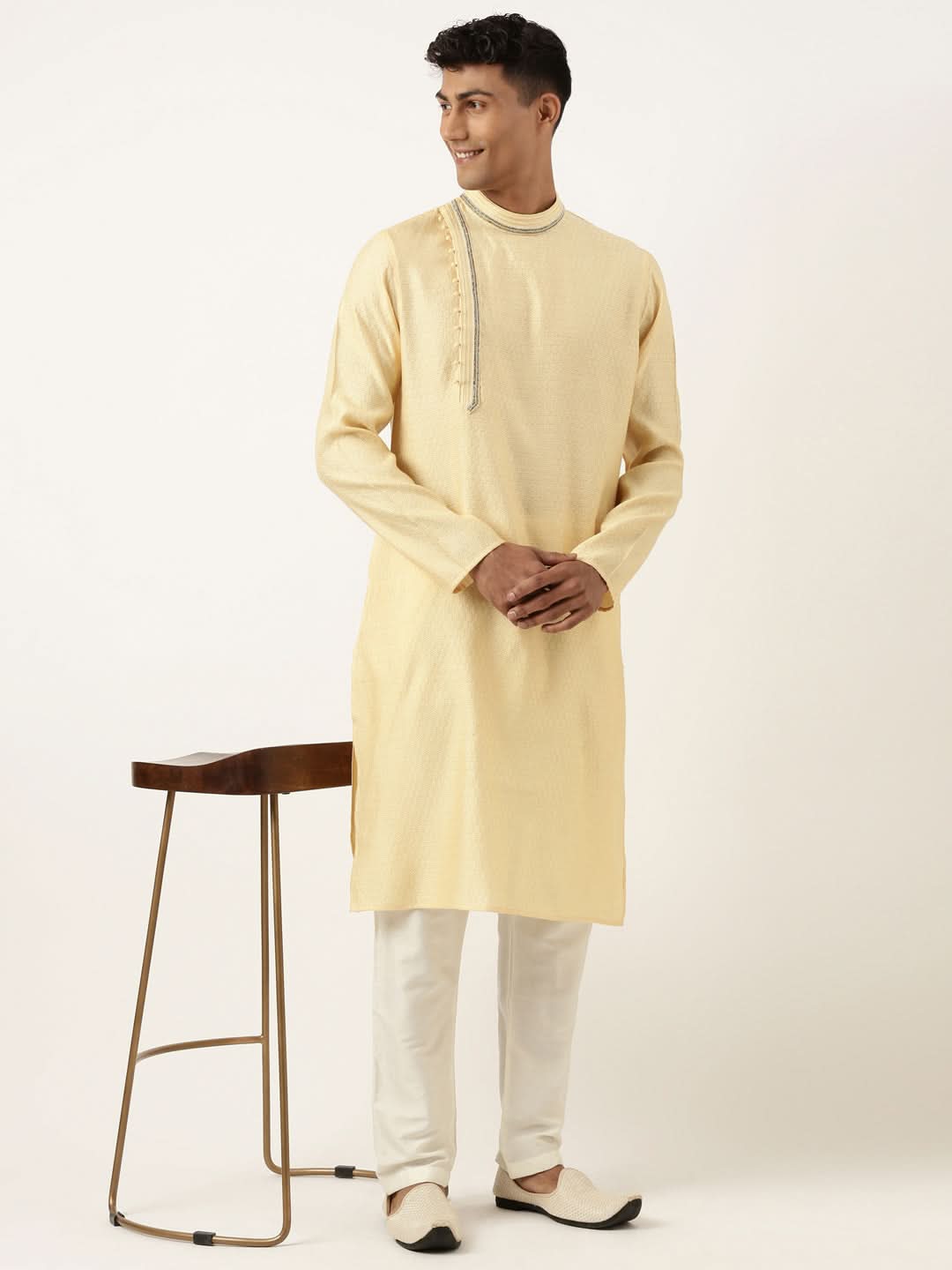 JACQUARD ANGRAKHA STYLE YELLOW KURTA WITH SIDE PLACKET