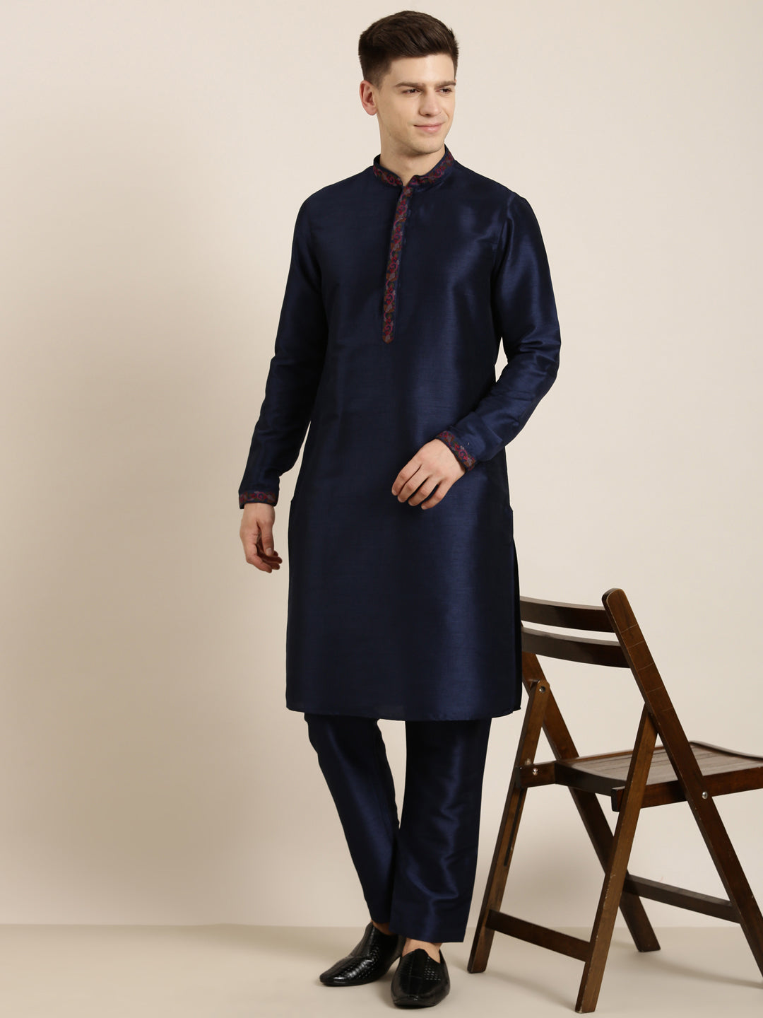 Navy Pashmina Embroidery Kurta Set