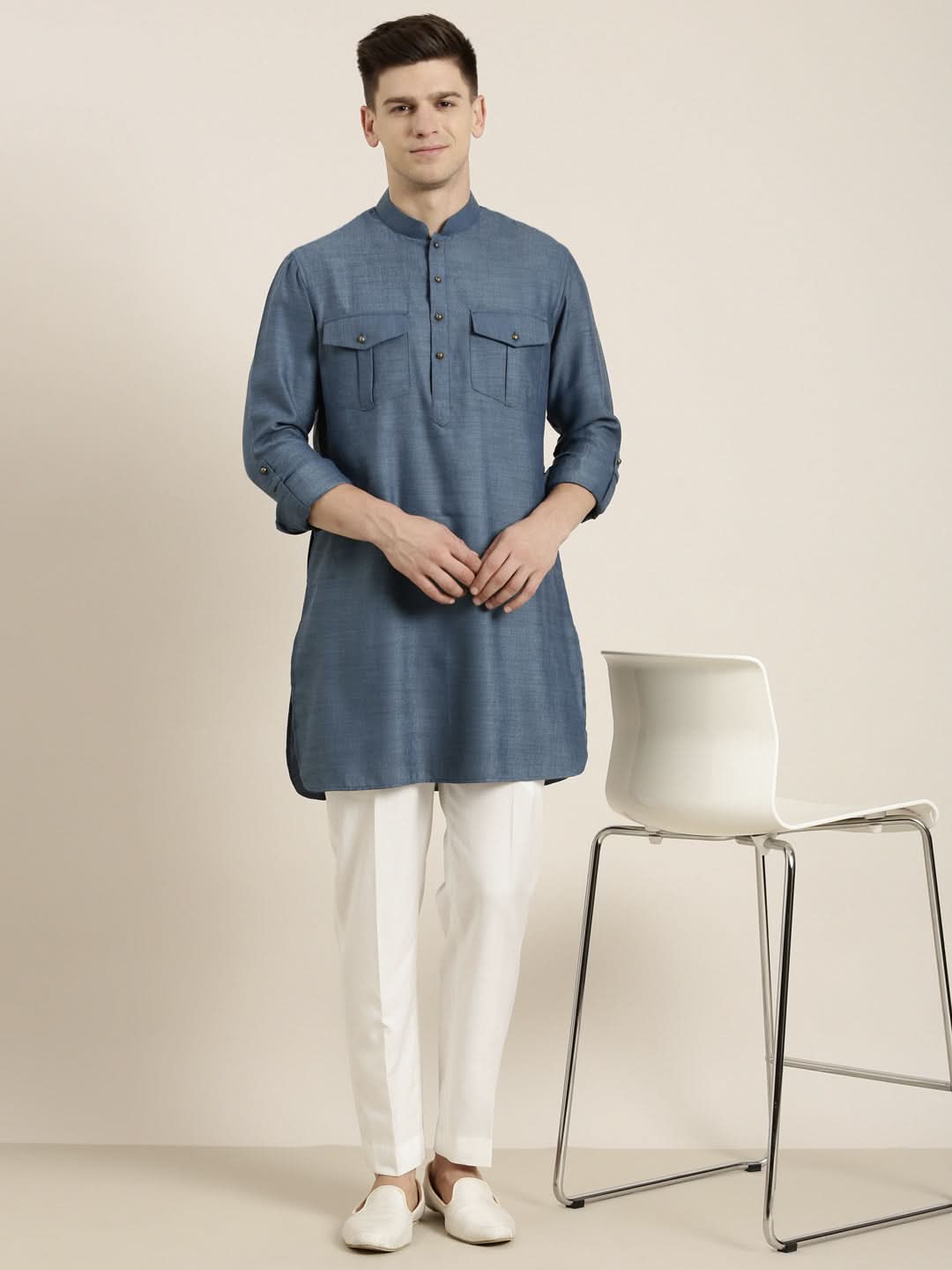 Denim Blue Cotton Short Pathani