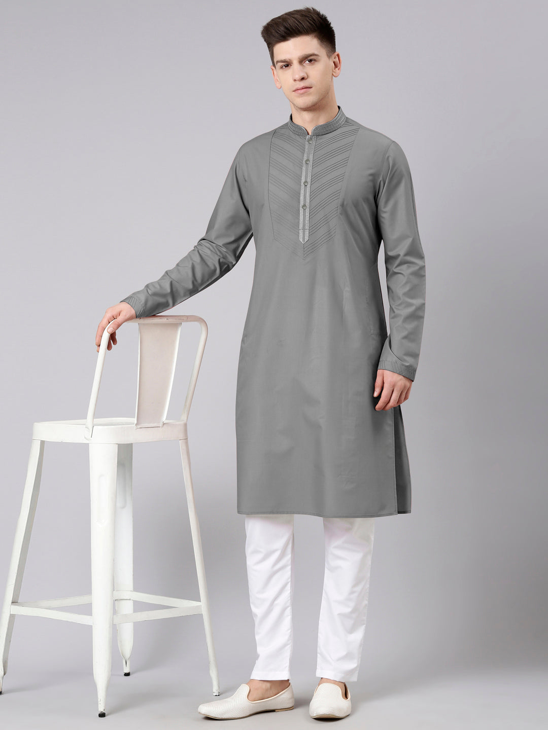 Grey Pleated Cotton Kurta Set