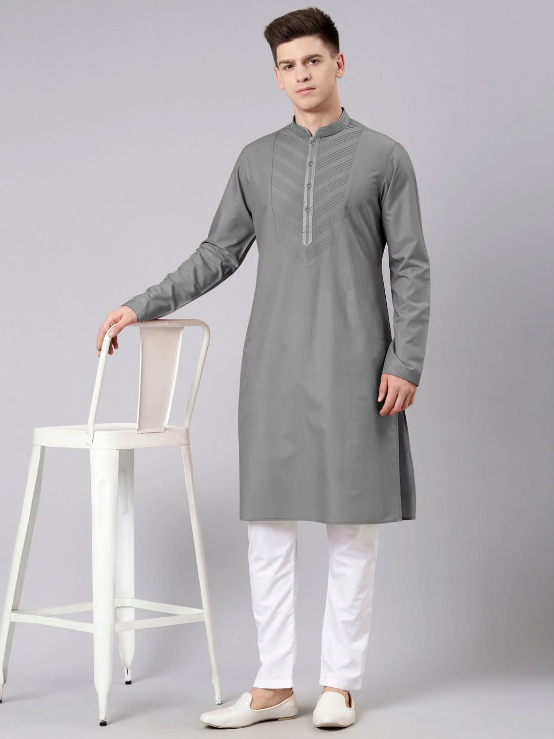 Grey Pleated Cotton Kurta Set