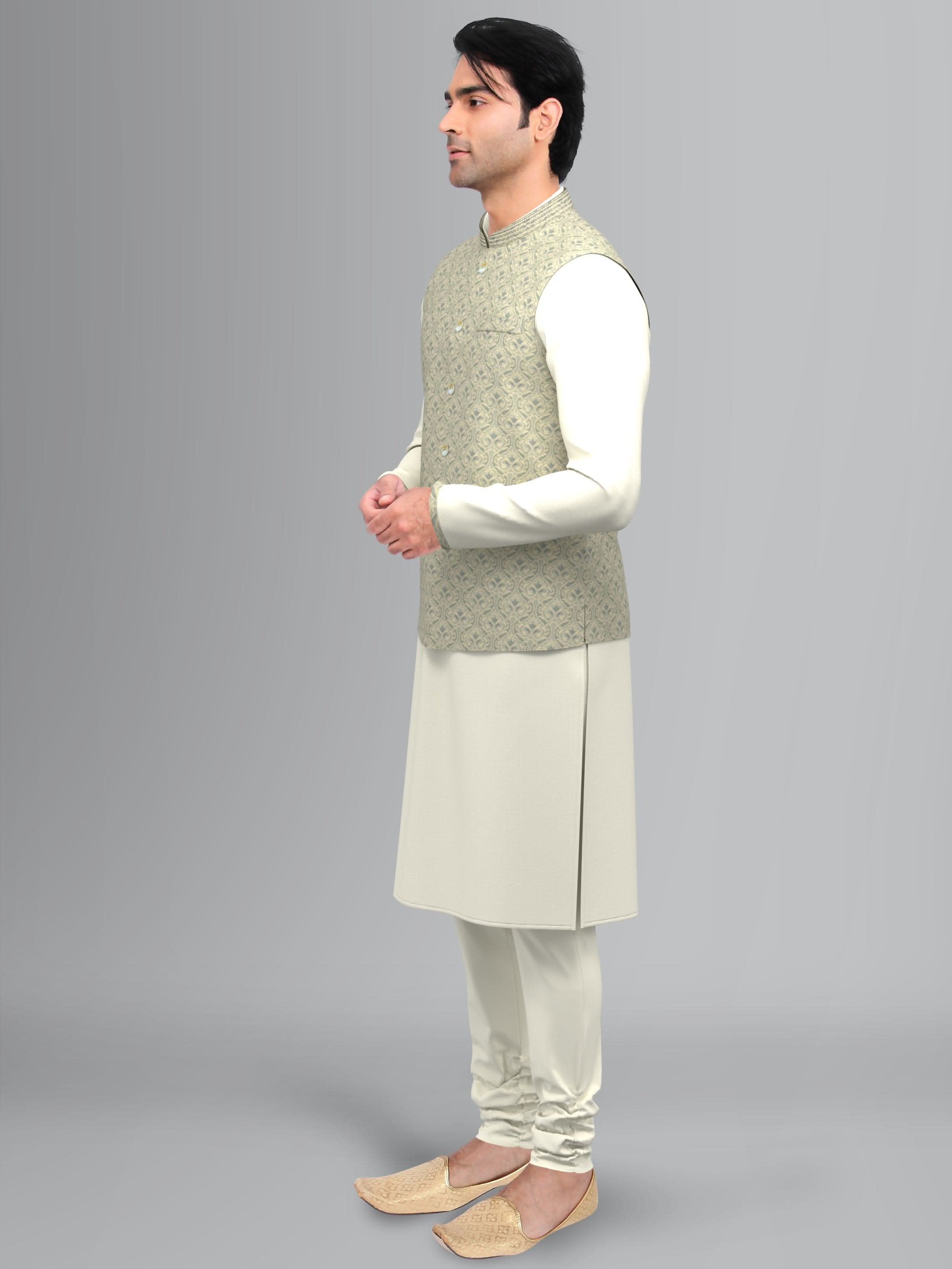 Grey Jacquard Jacket with Off white kurta