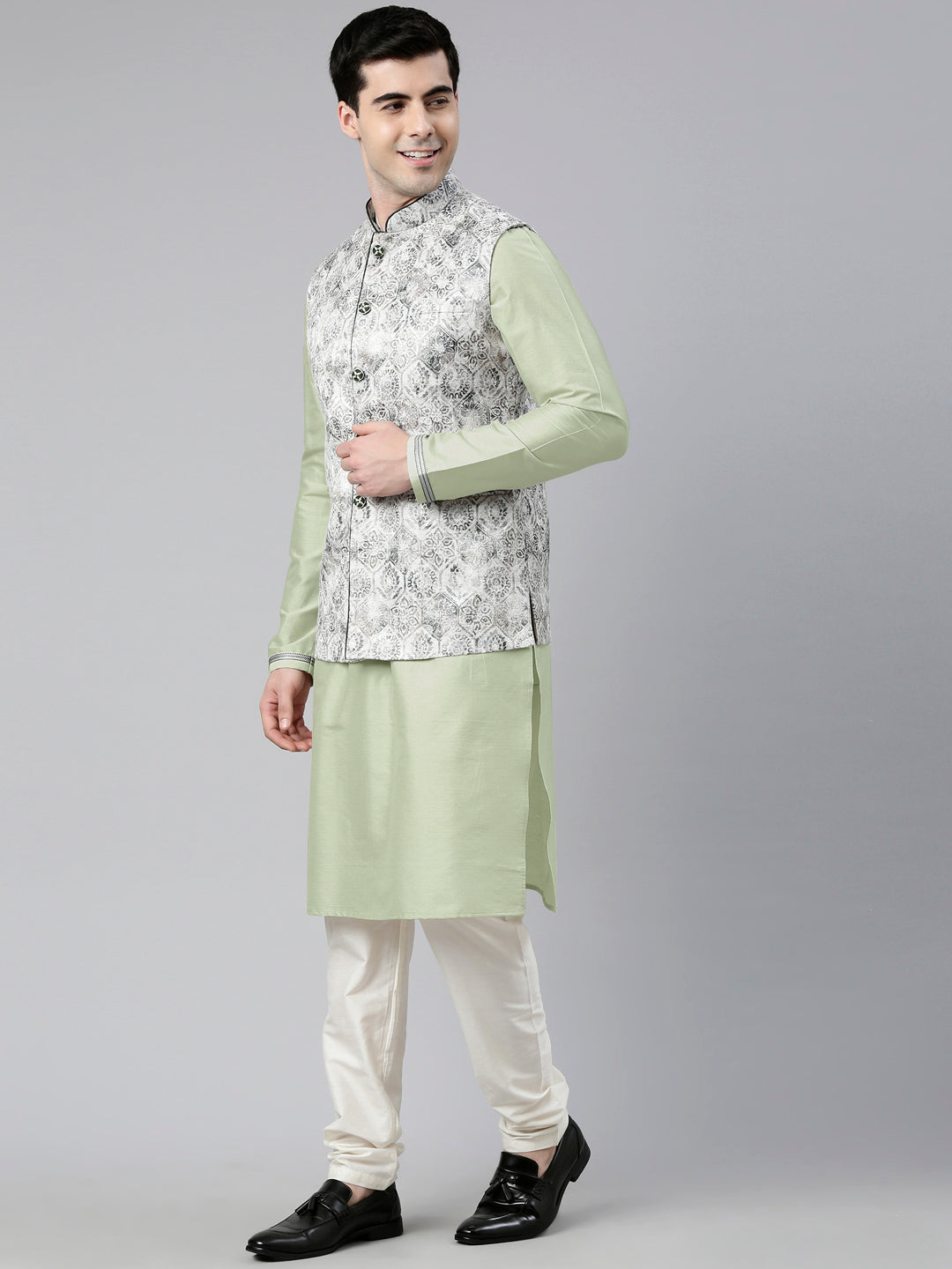 Grey Green Jacquard Jacket With Kurta
