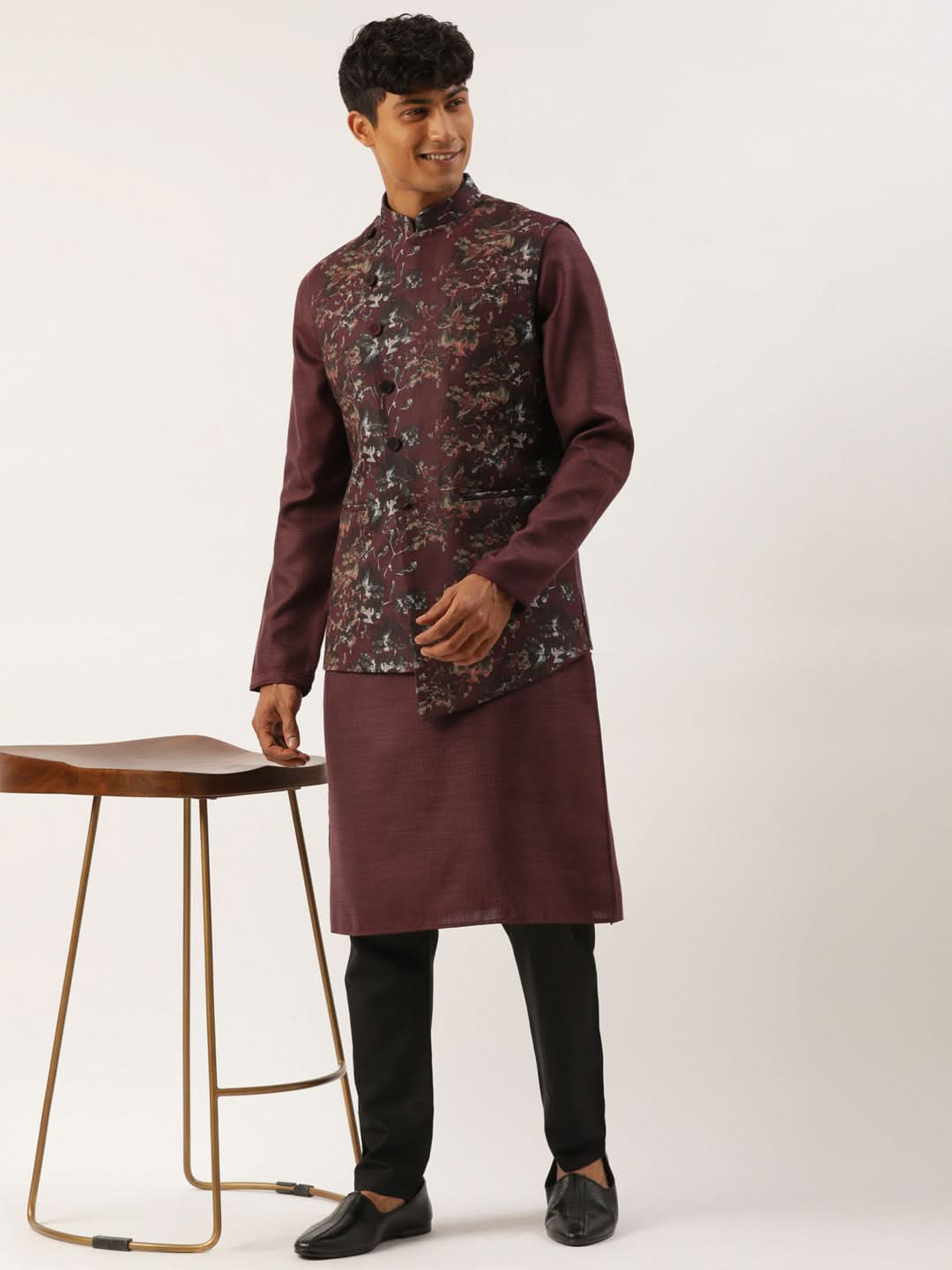 Wine Printed Cotton Jacket Kurta Set