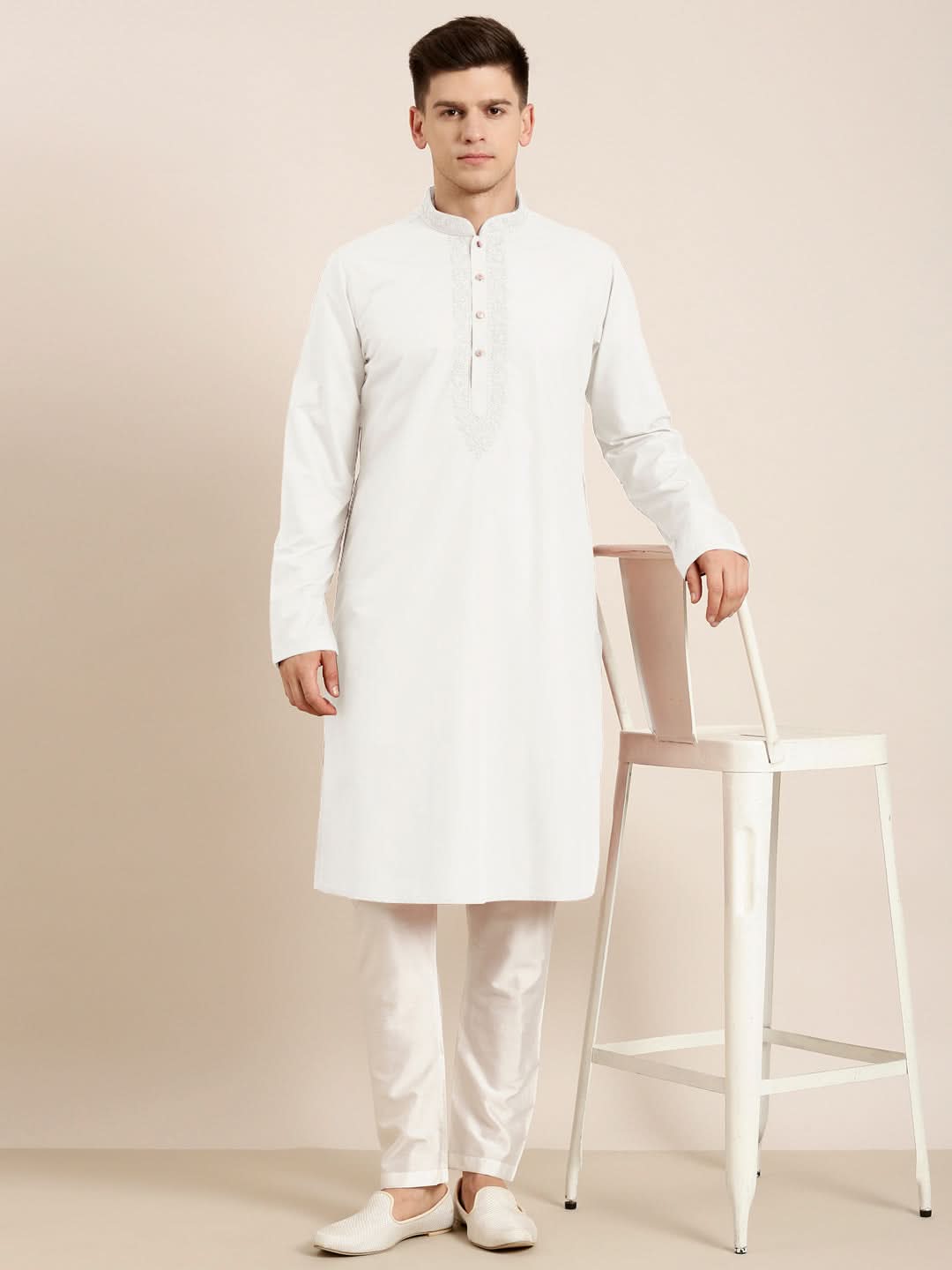 Off White Cotton Dori Embroidered Kurta Set