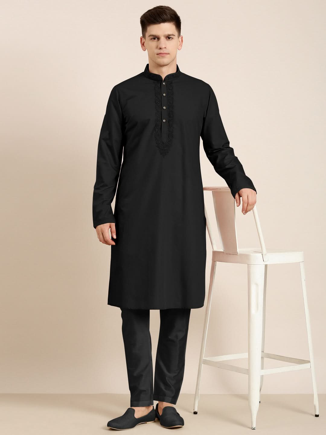 Black Cotton Dori Embroidered Kurta Set