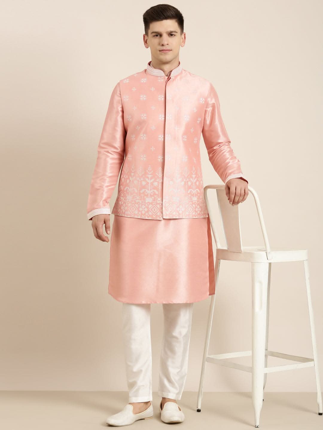 Peach Embroiderd Jacket Kurta Set