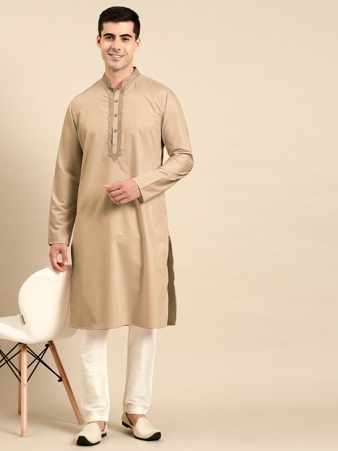 Beige Cotton Dori Embroidered Kurta Set