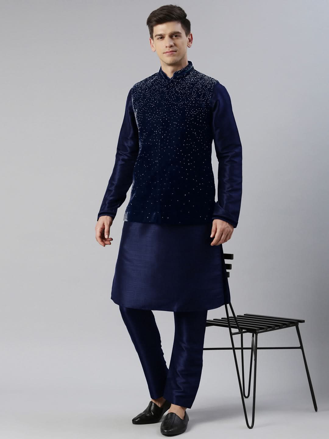 Blue Velvet Hand Embroidery Jacket Set