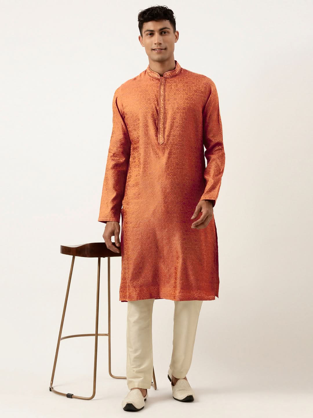 Rust Brown Jacquard Embroidered Kurta Set