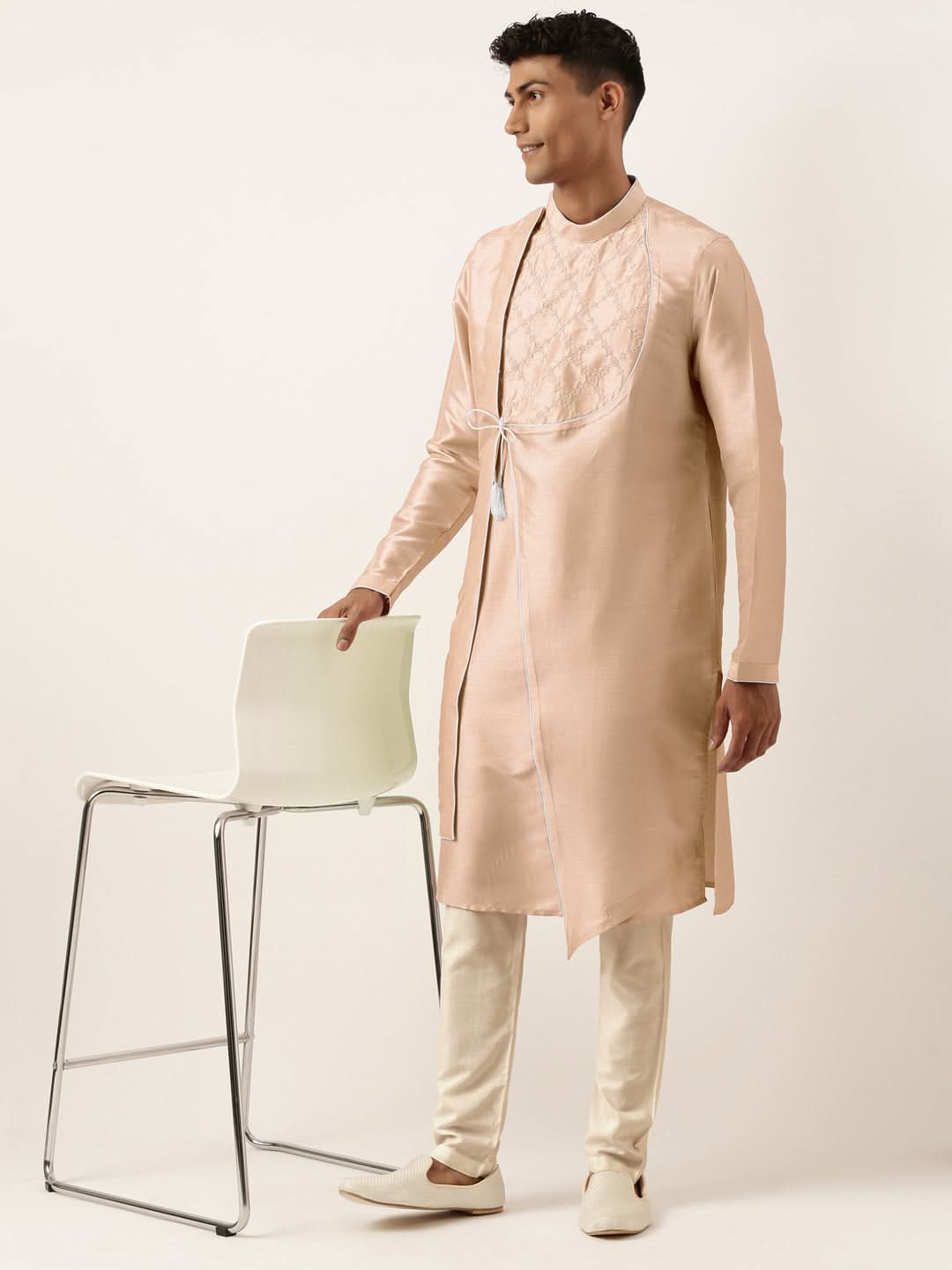 Peach Embroidery Angrakha Kurta Set