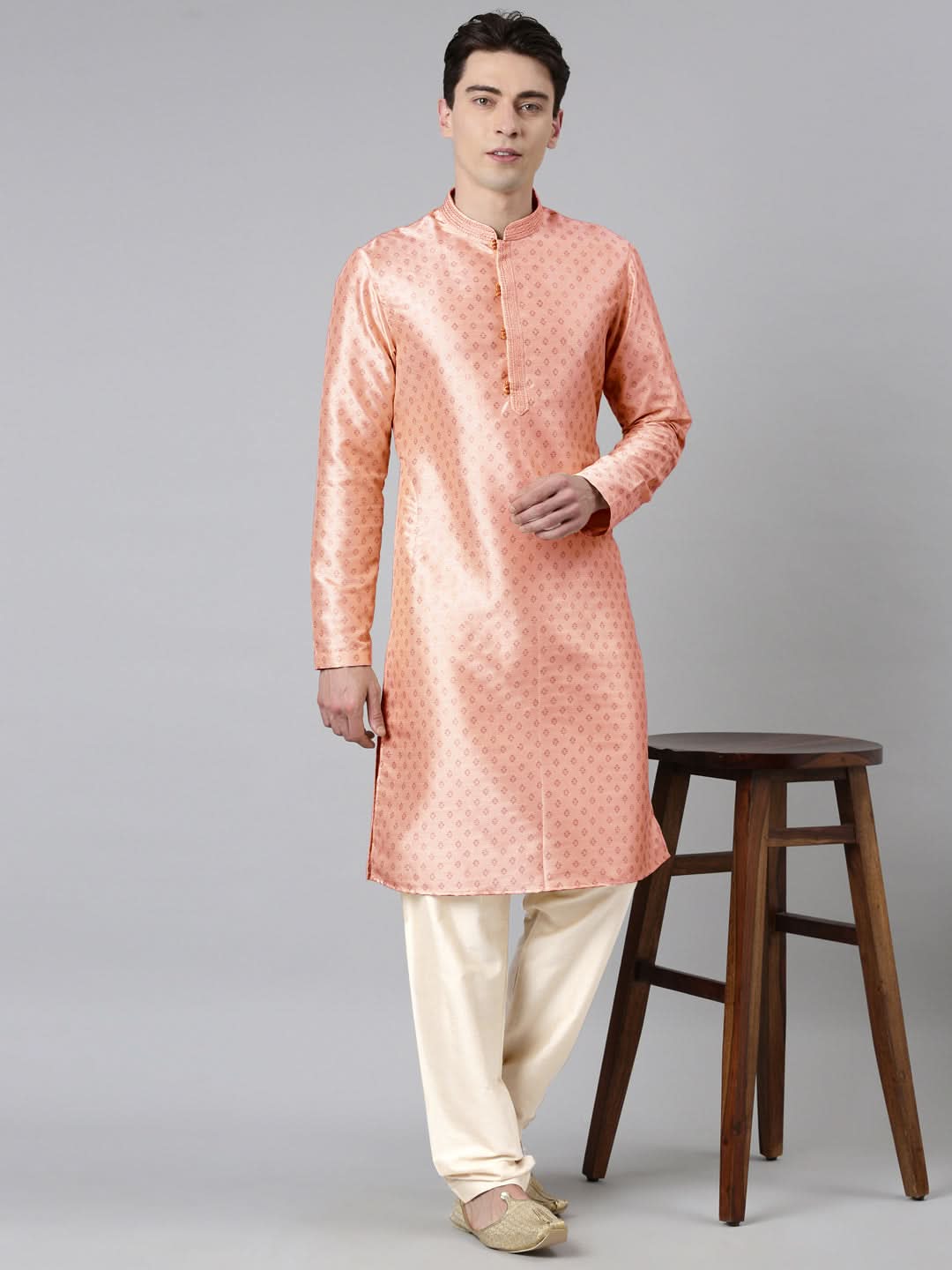 PEACH SILK GOLD PRINTED KURTA SET