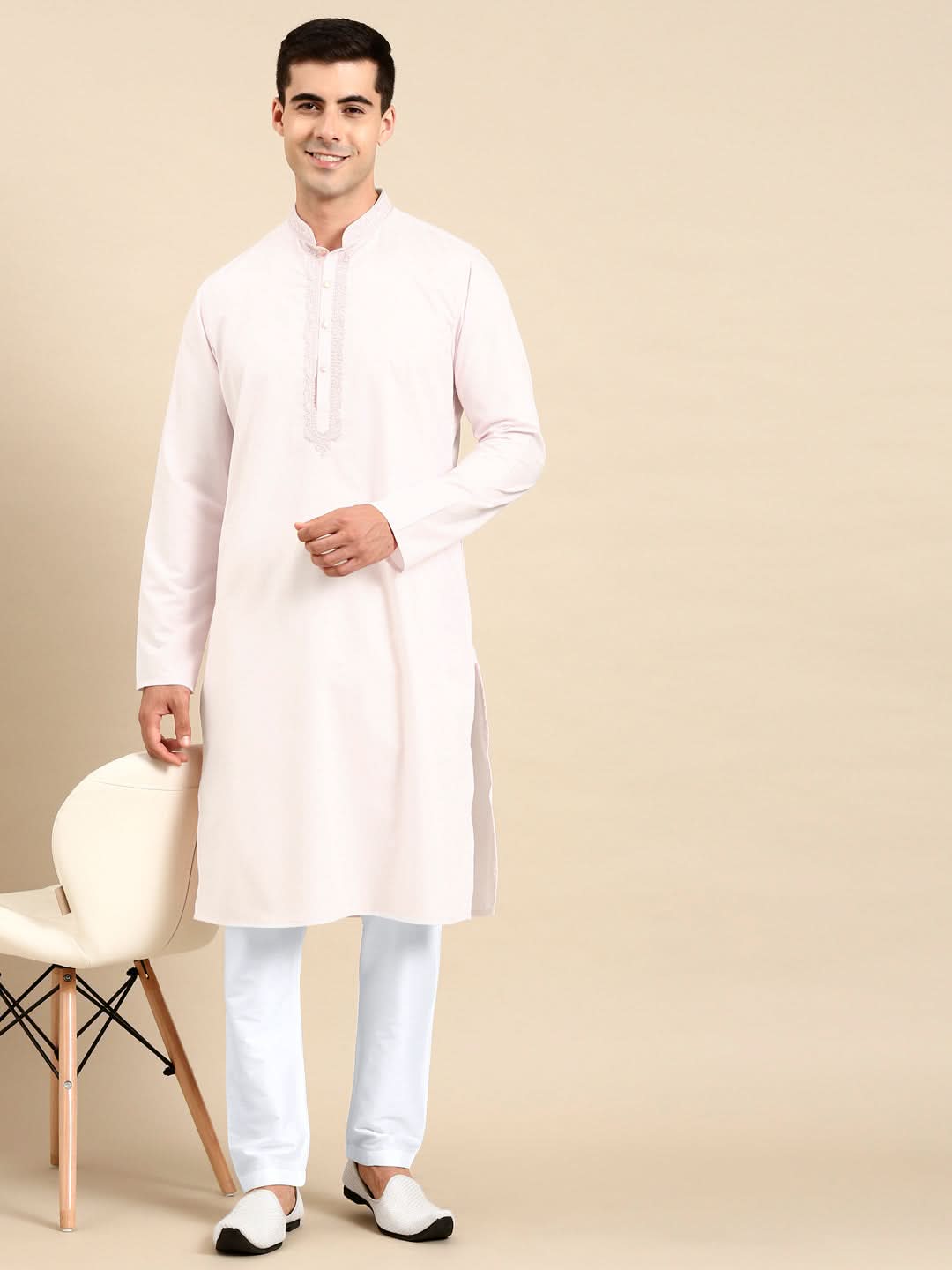 White Cotton Dori Embroidered Kurta Set