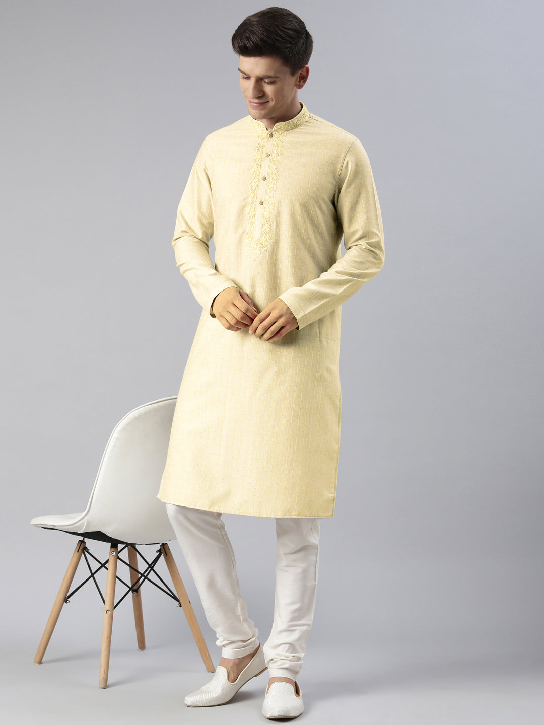 Cream Yellow Linen Embroidered Kurta