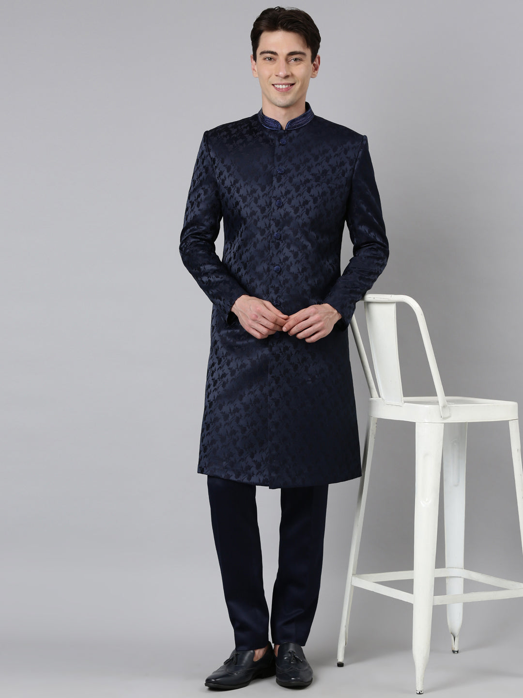 Navy Jacquard Achkan