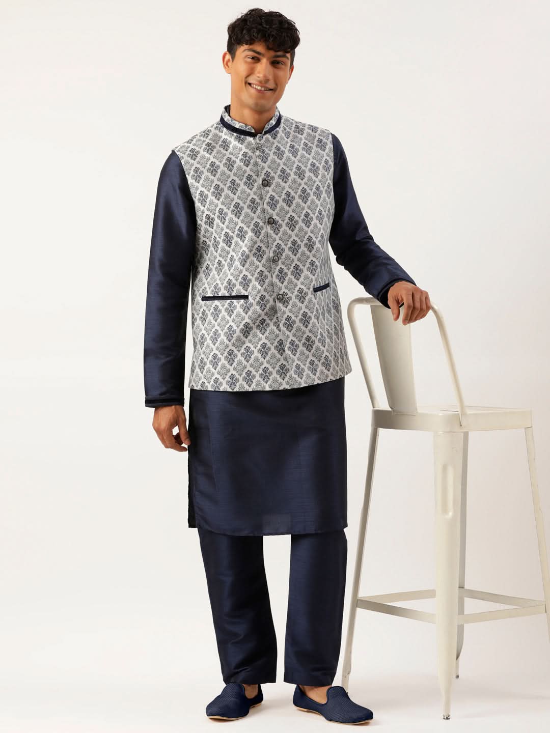 Grey Navy Jacquard Jacket With Navy Kurta Set