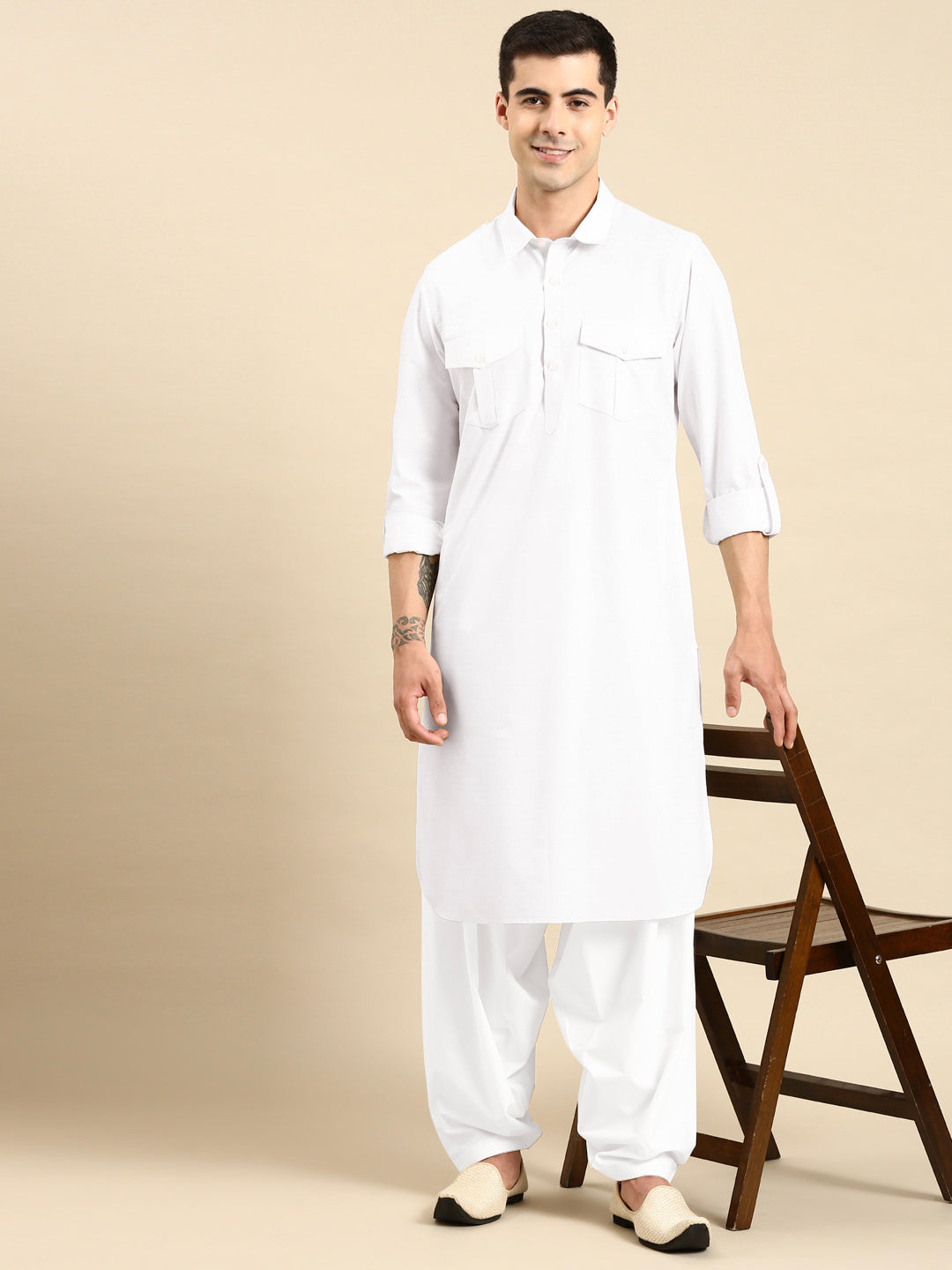White Fine Cotton Pathani With Salwar