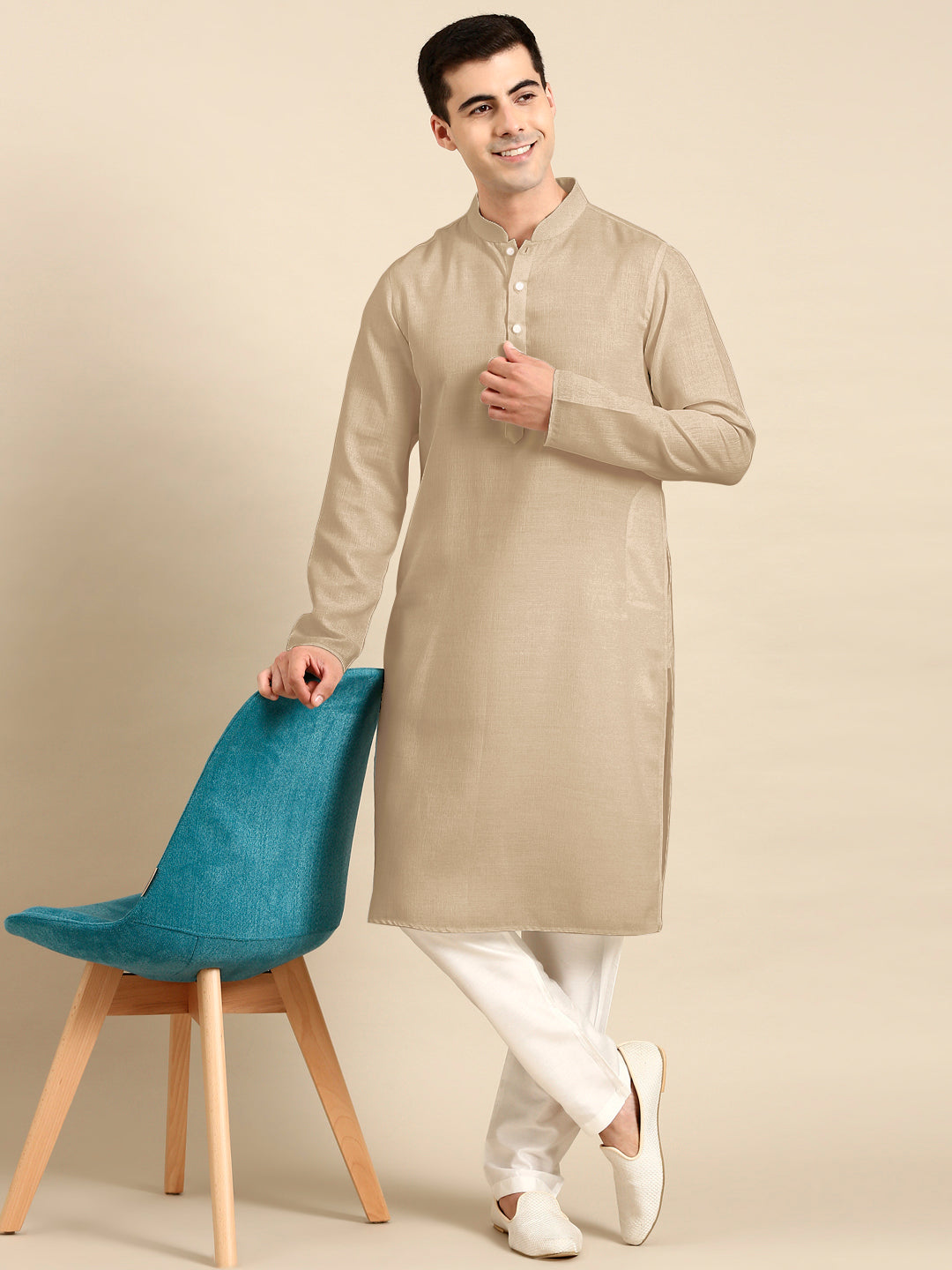 Beige Twill Weave Cotton Kurta  Set