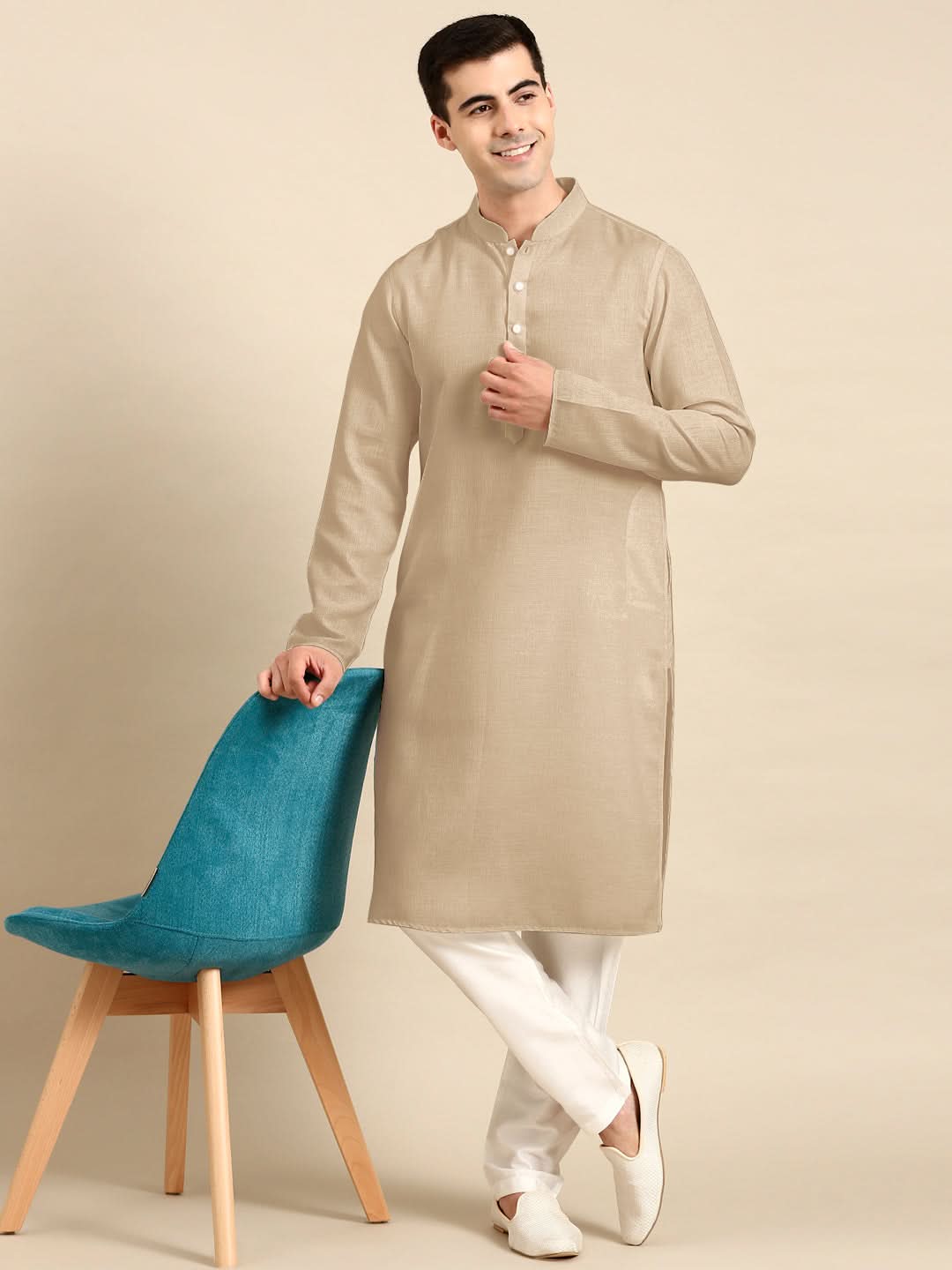 Beige Twill Weave Cotton Kurta Set