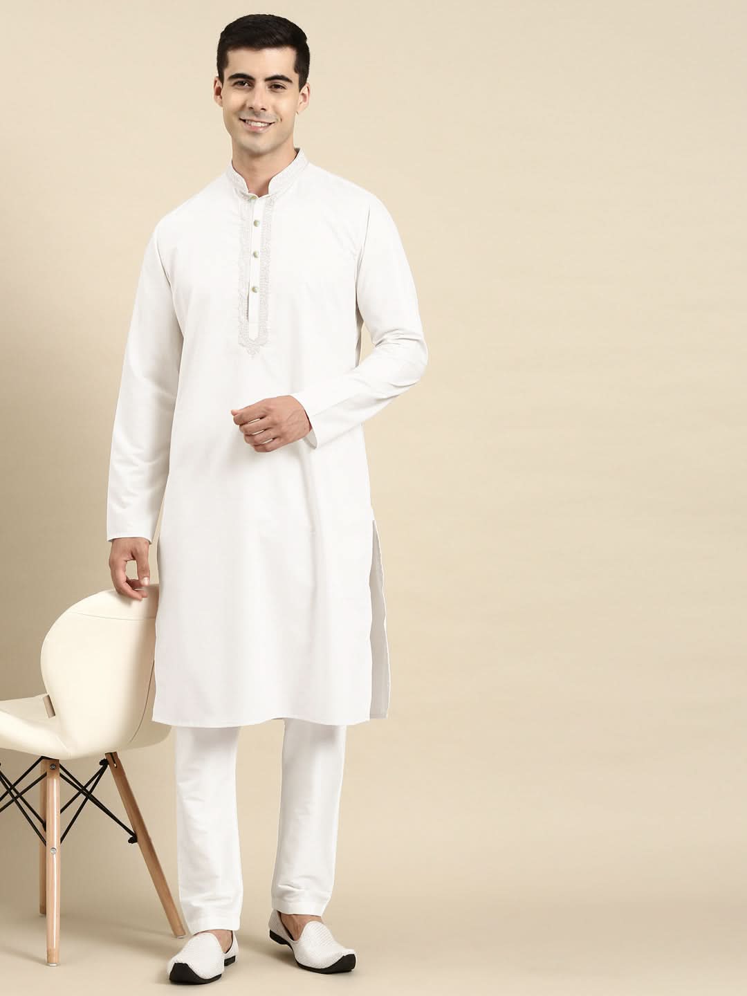 Off White Cotton Dori Embroidered Kurta Set